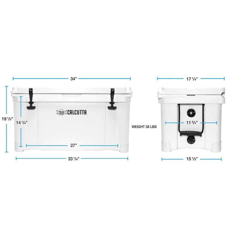 Calcutta 75L white cooler with labeled dimensions and weight, front and side views