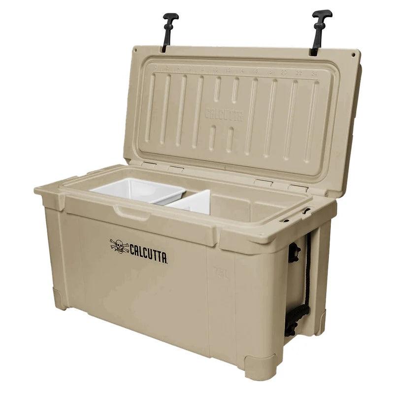 Calcutta tan outdoor cooler with open lid, dual compartments, and built-in handles
