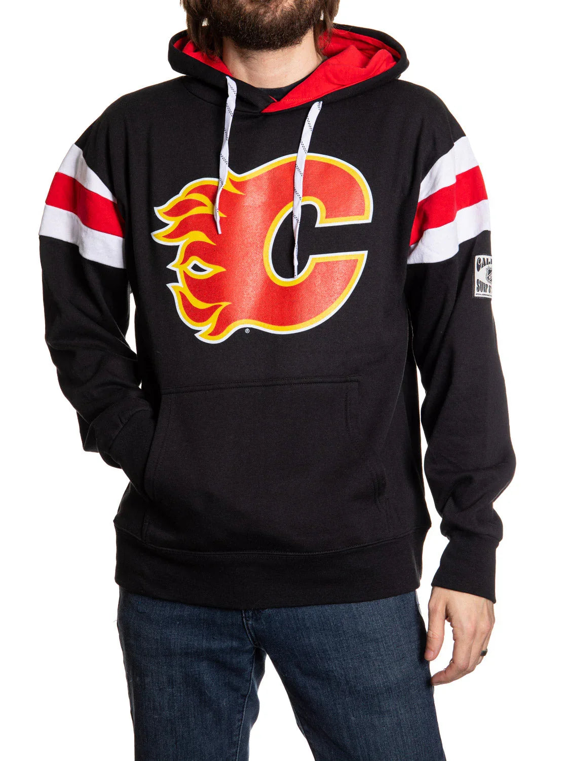 Calgary Flames varsity hooded sweatshirt with red and white stripes and team logo