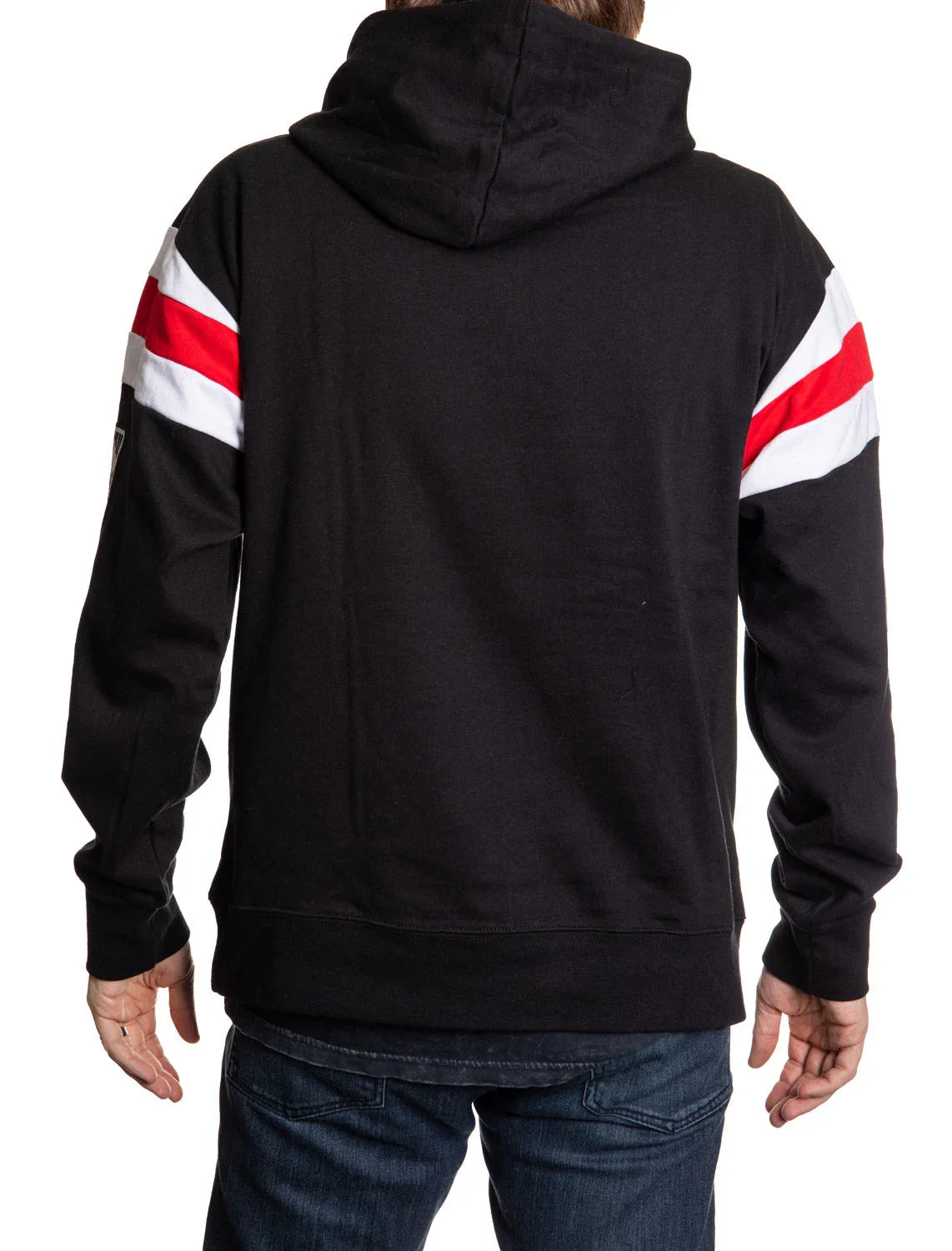 Back view of black varsity hoodie with red and white sleeve stripes, casual fit