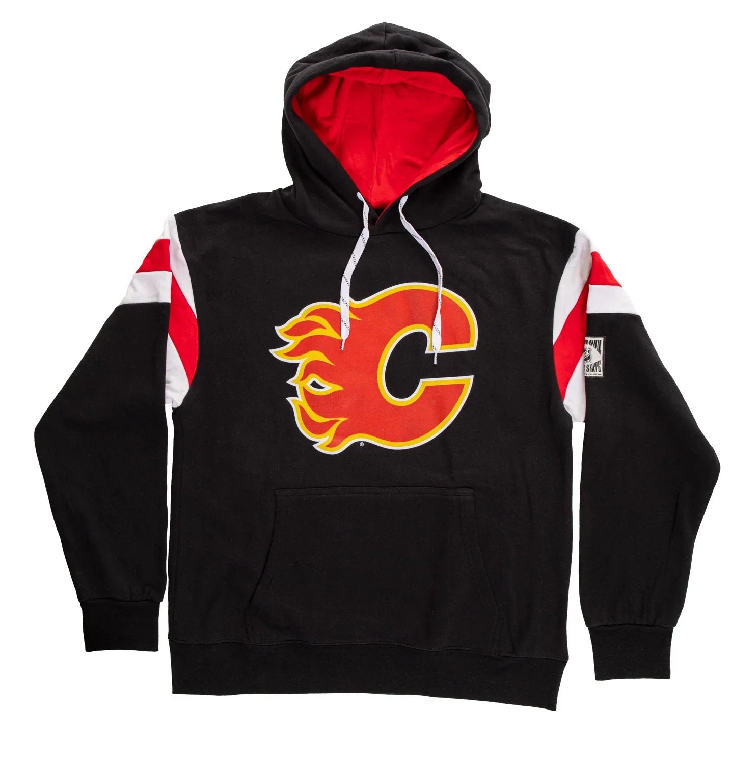Black Calgary Flames varsity hoodie with red and yellow logo, red hood lining, white drawstrings
