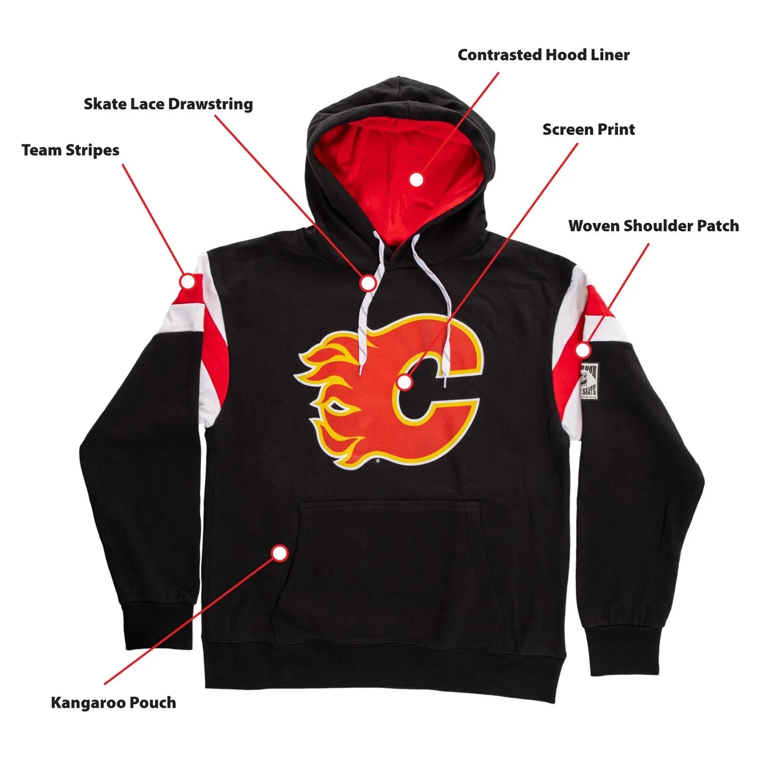 Calgary Flames varsity hoodie with flaming C logo, red hood liner, stripes, and kangaroo pouch