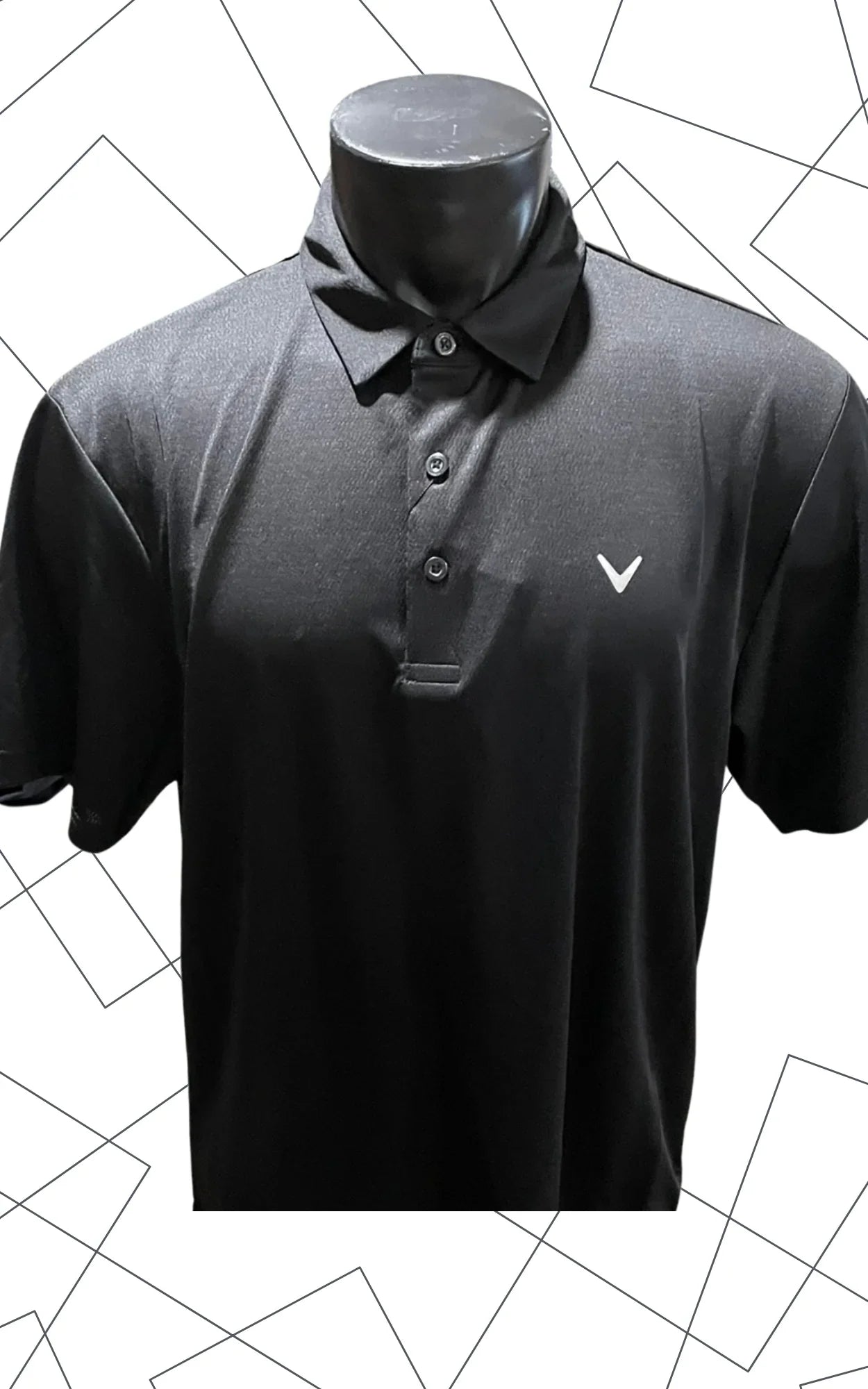Black Callaway golf polo shirt on mannequin with geometric line background