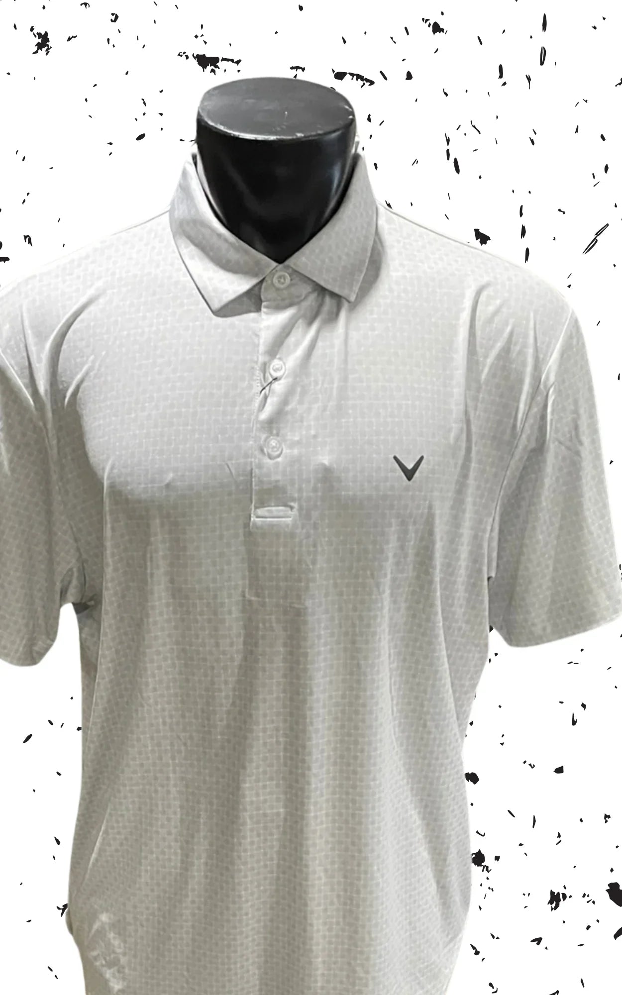 Light grey golf polo shirt on mannequin with subtle pattern and Callaway logo