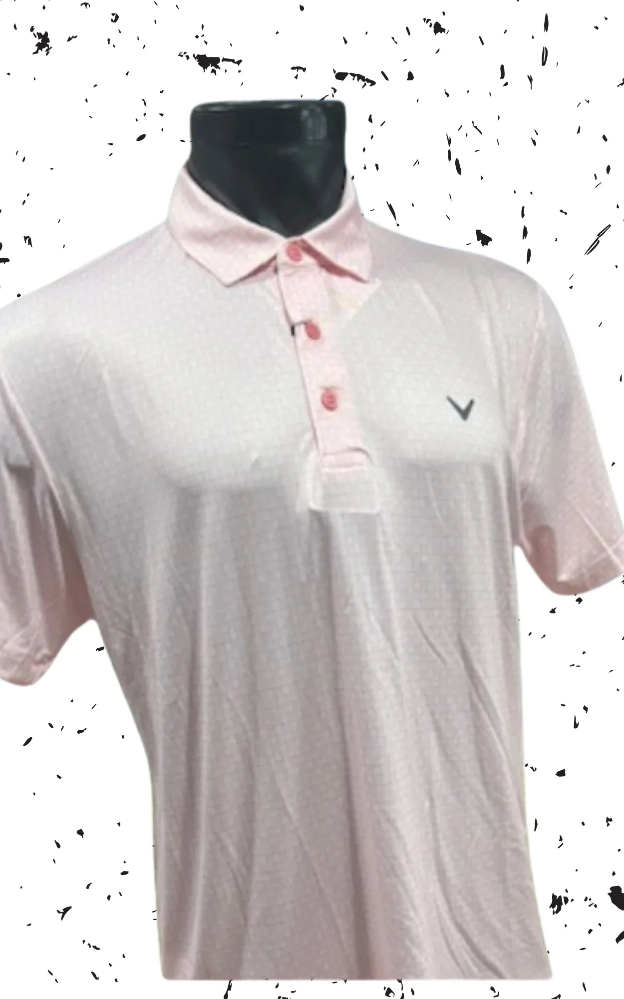 Light pink men's golf polo shirt with subtle pattern and logo, displayed on mannequin