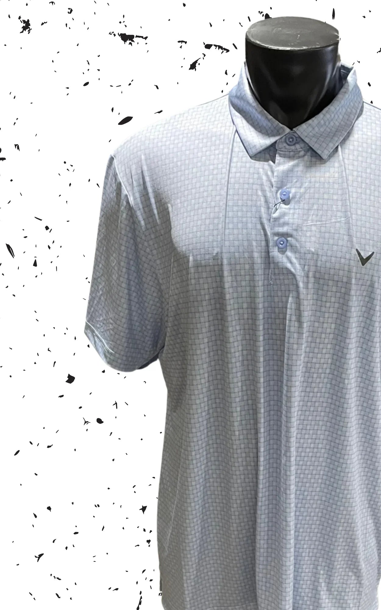 Light blue checkered men's golf polo shirt on mannequin, short sleeves, button-up collar
