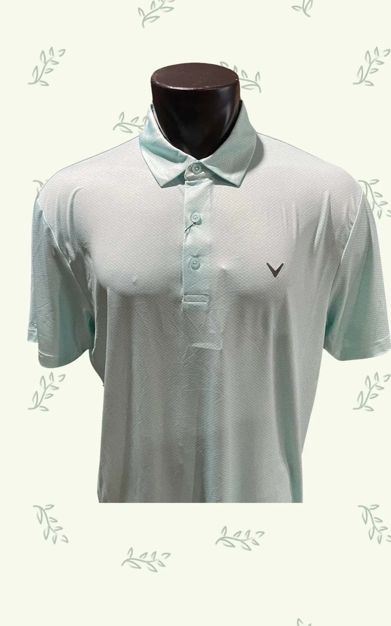 Light blue golf polo shirt with collar and logo on mannequin, patterned background