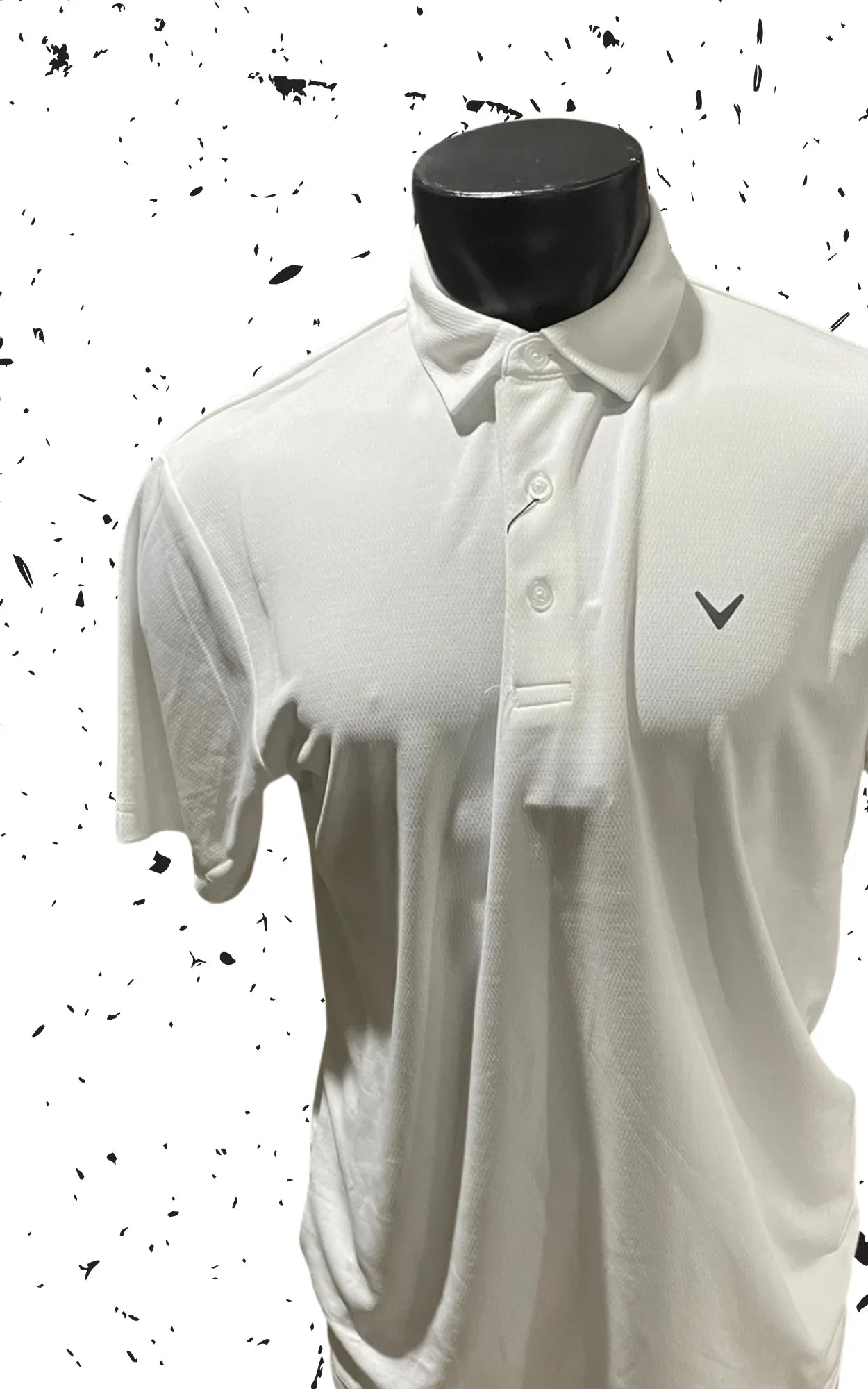 White golf polo shirt on mannequin with logo, isolated on abstract white background