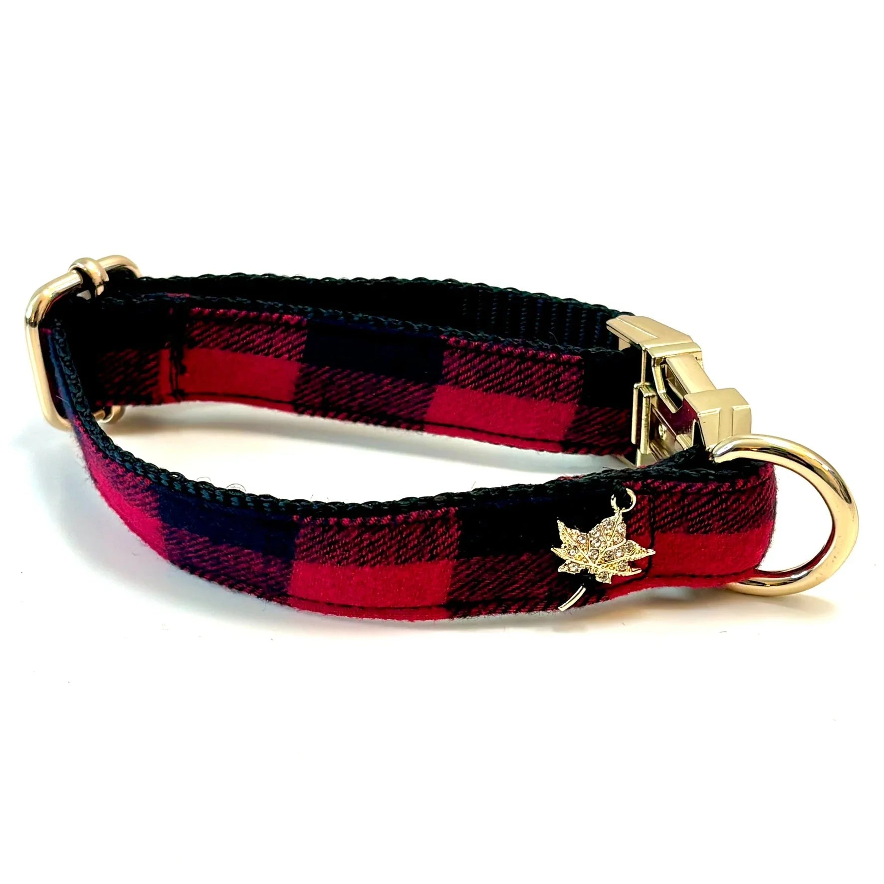 Red and black plaid dog collar with gold hardware and maple leaf charm