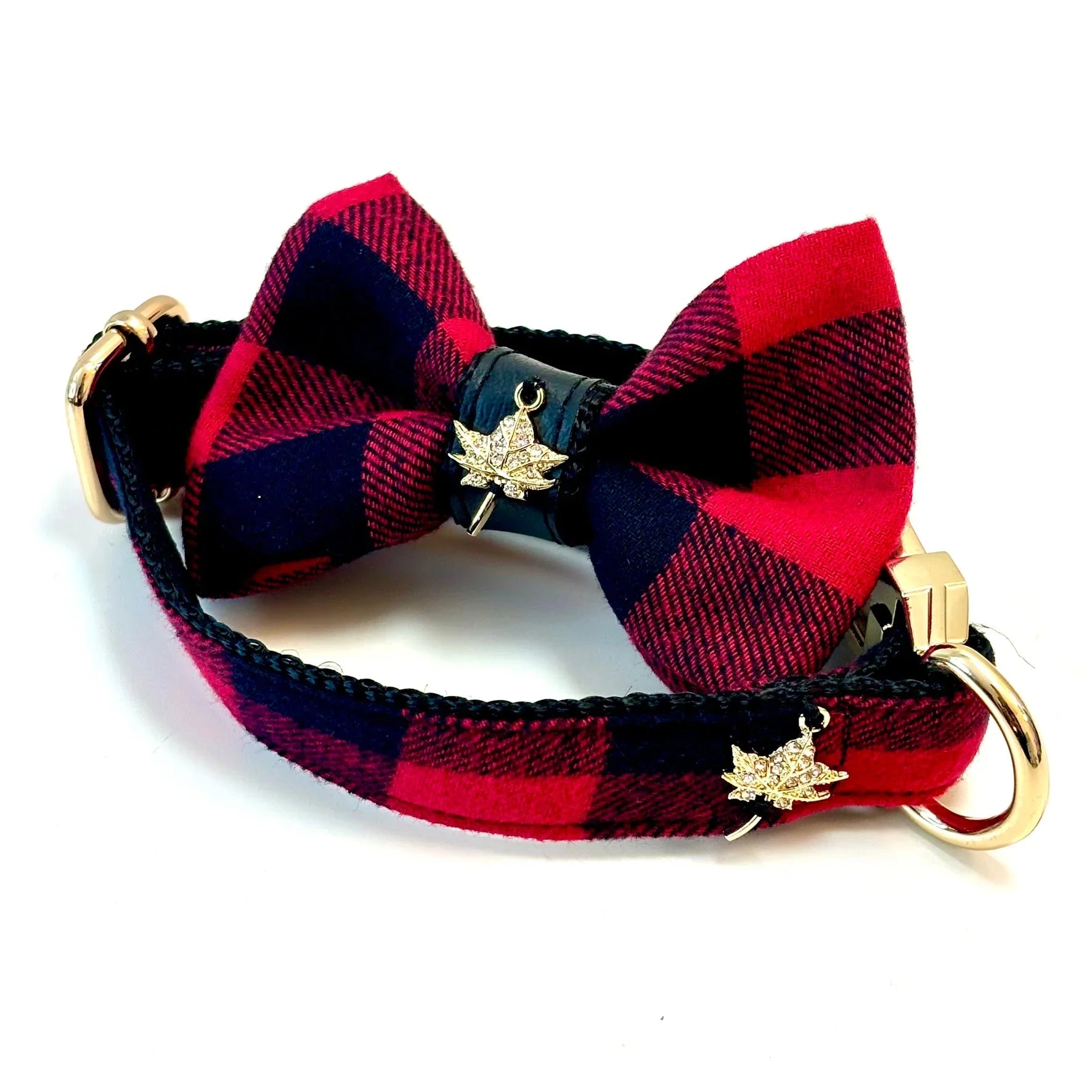 Red and black plaid dog collar with bow tie and gold maple leaf charms