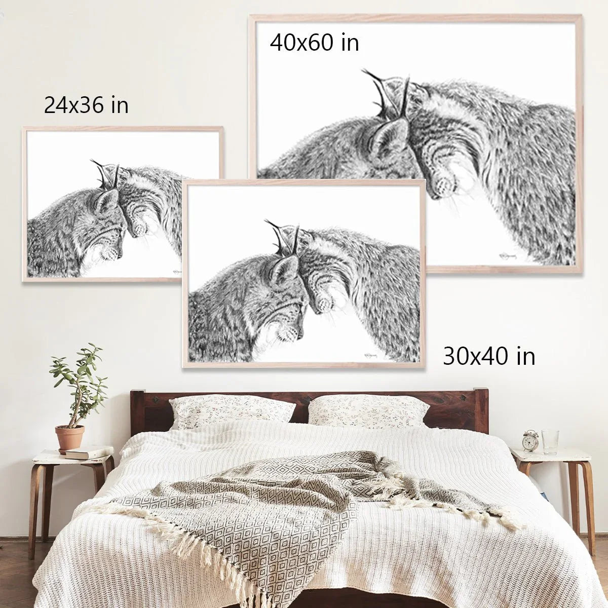 Black and white lynx wall art above bed, shown in three print sizes in bedroom decor