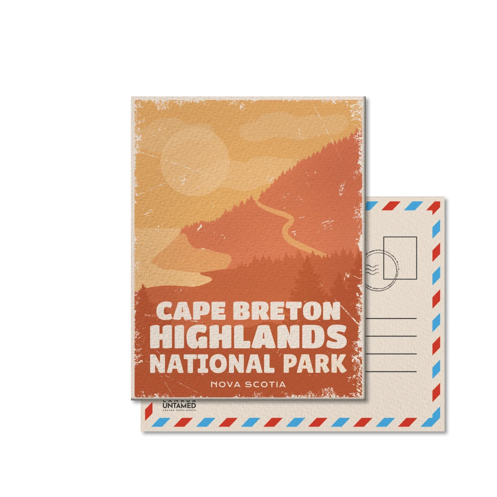 Cape Breton Highlands National Park postcard with stylized mountain landscape in Nova Scotia