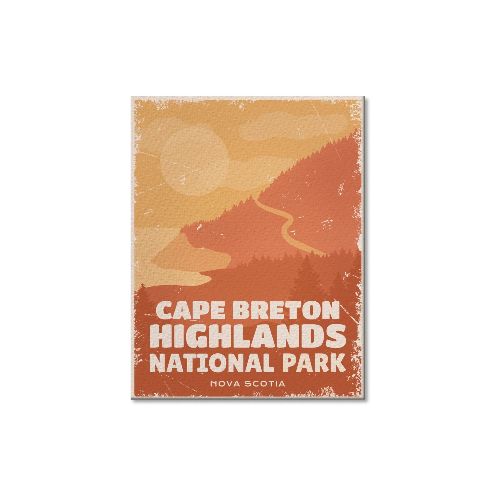 Cape Breton Highlands National Park postcard with stylized mountain road and sunset