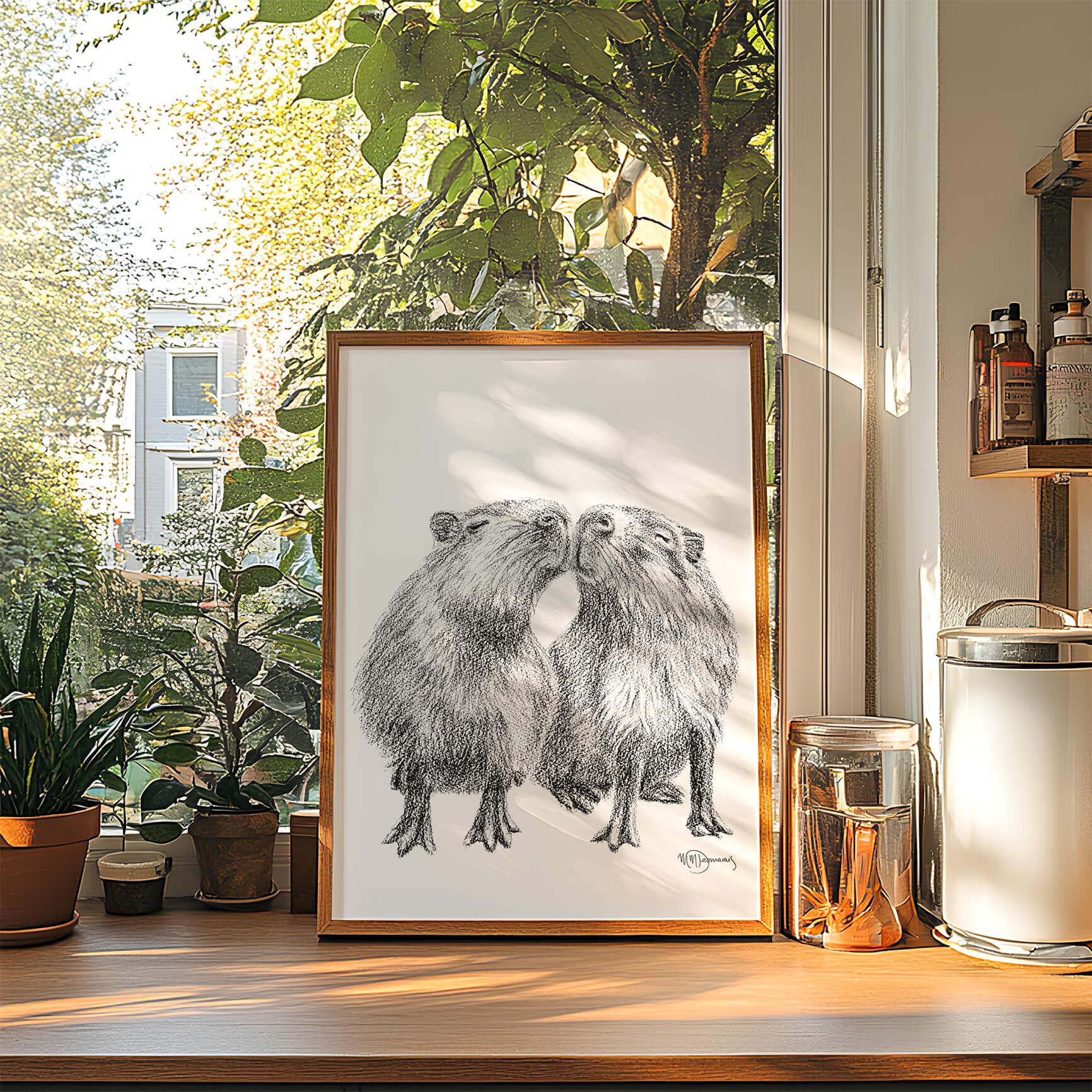 Framed capybara illustration on wooden windowsill with houseplants and sunlit kitchen jars