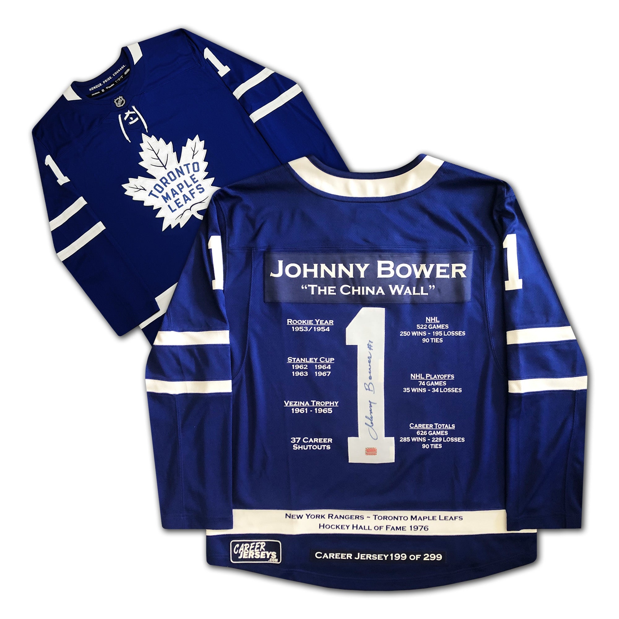 JOHNNY BOWER CAREER JERSEY SIGNED - LTD ED 299 - TORONTO MAPLE LEAFS
