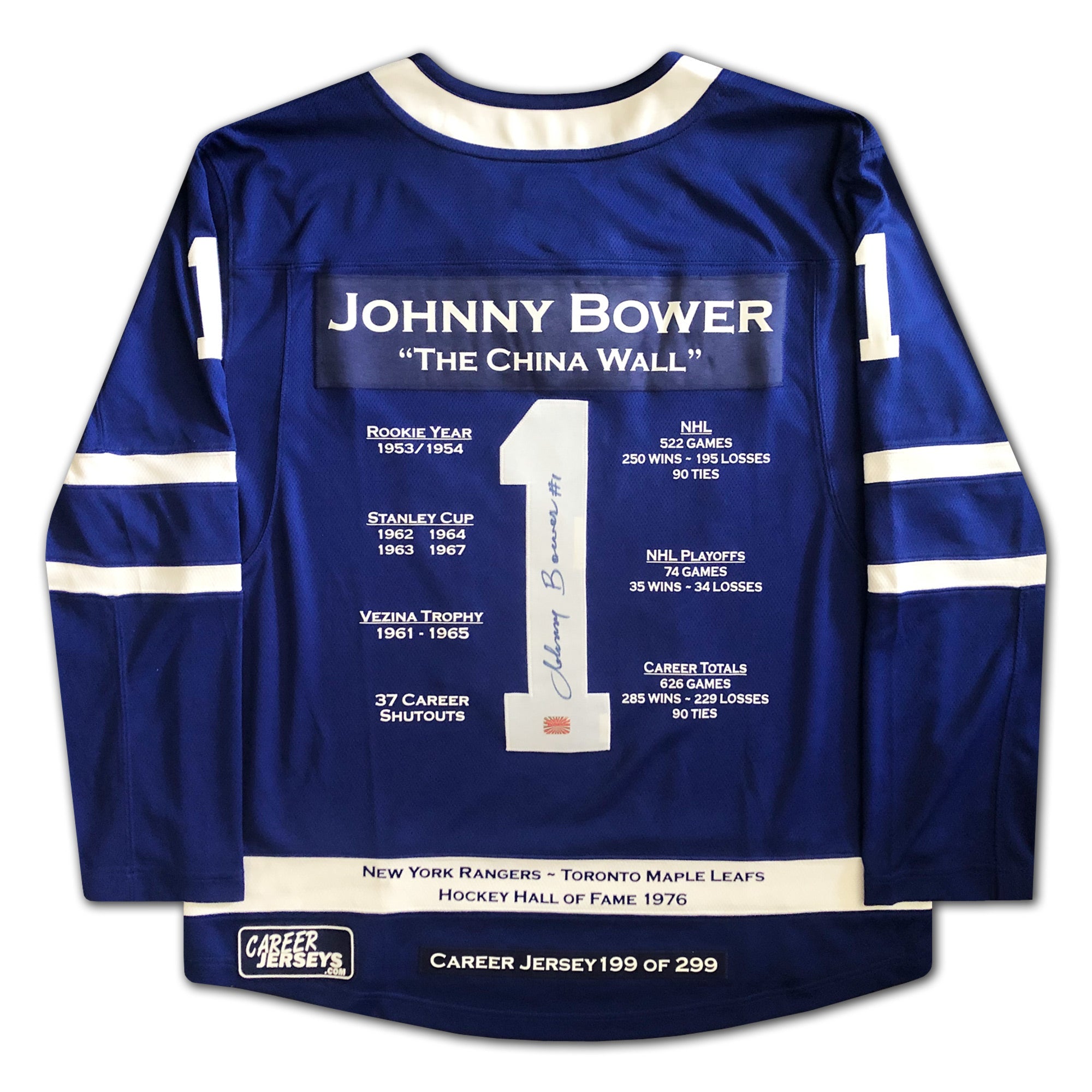JOHNNY BOWER CAREER JERSEY SIGNED - LTD ED 299 - TORONTO MAPLE LEAFS - Image 2