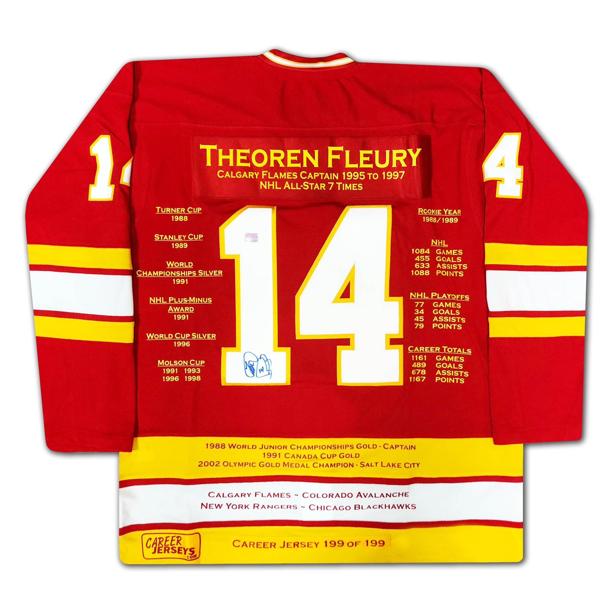 THEOREN FLEURY CAREER JERSEY #1 OF 199 - AUTOGRAPHED - CALGARY FLAMES - Image 2