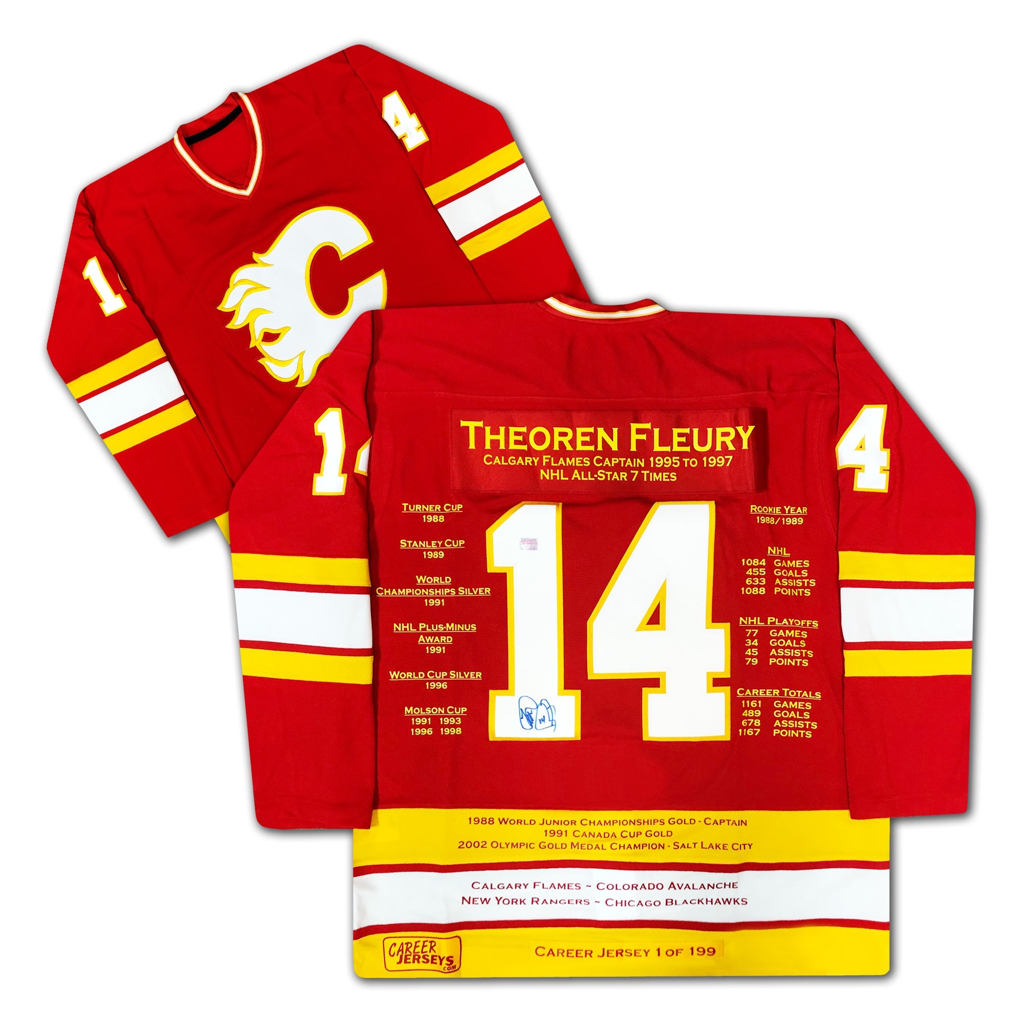 THEOREN FLEURY CAREER JERSEY #1 OF 199 - AUTOGRAPHED - CALGARY FLAMES