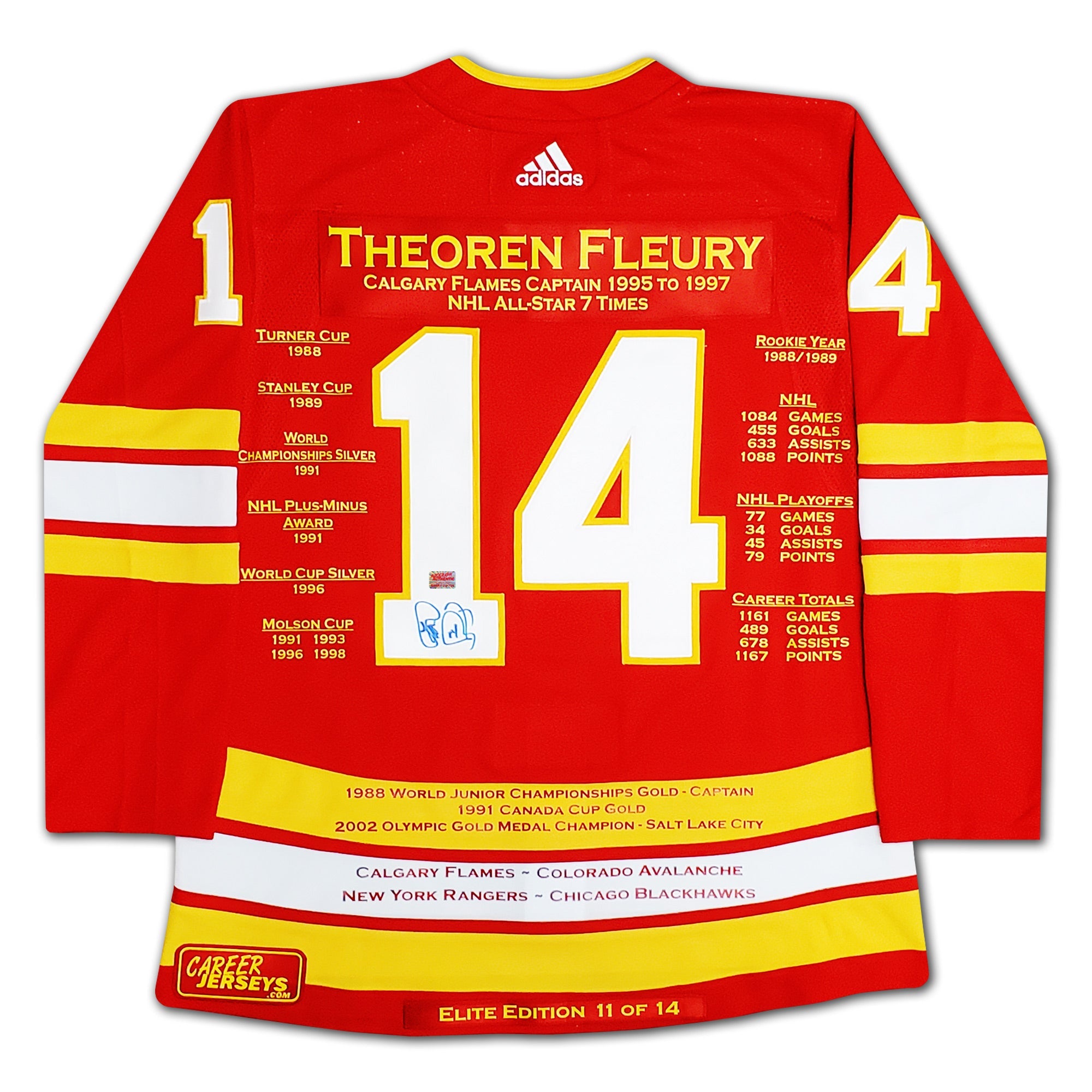 THEOREN FLEURY CAREER JERSEY LIMITED EDITION OF 14 - SIGNED - CALGARY FLAMES