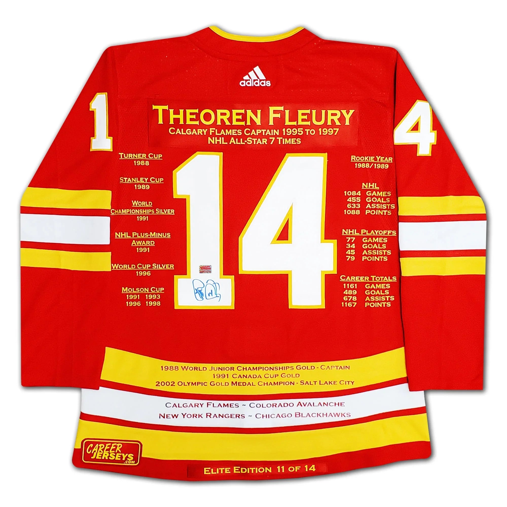 THEOREN FLEURY CAREER JERSEY LIMITED EDITION OF 14 - SIGNED - CALGARY FLAMES