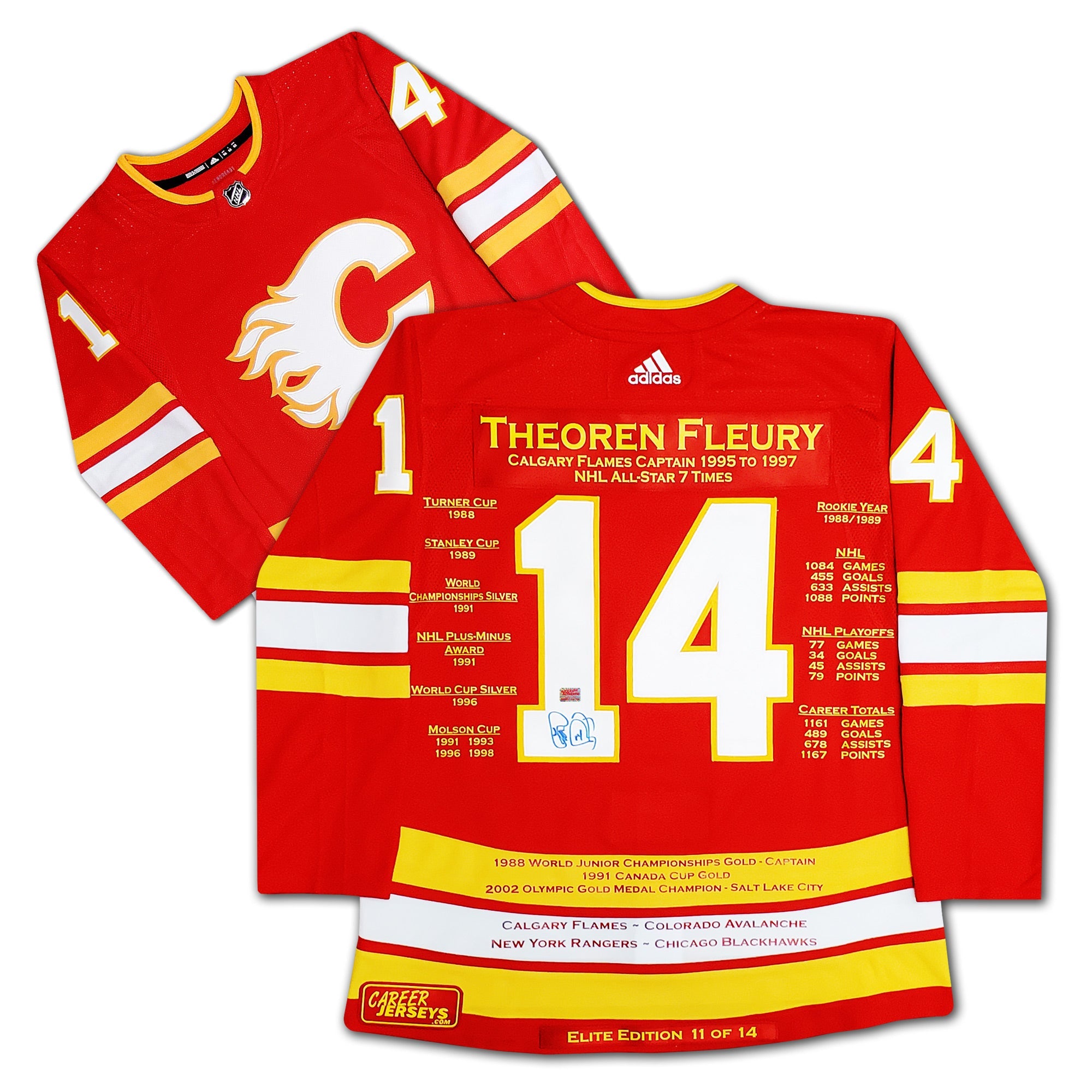 THEOREN FLEURY CAREER JERSEY LIMITED EDITION OF 14 - SIGNED - CALGARY FLAMES