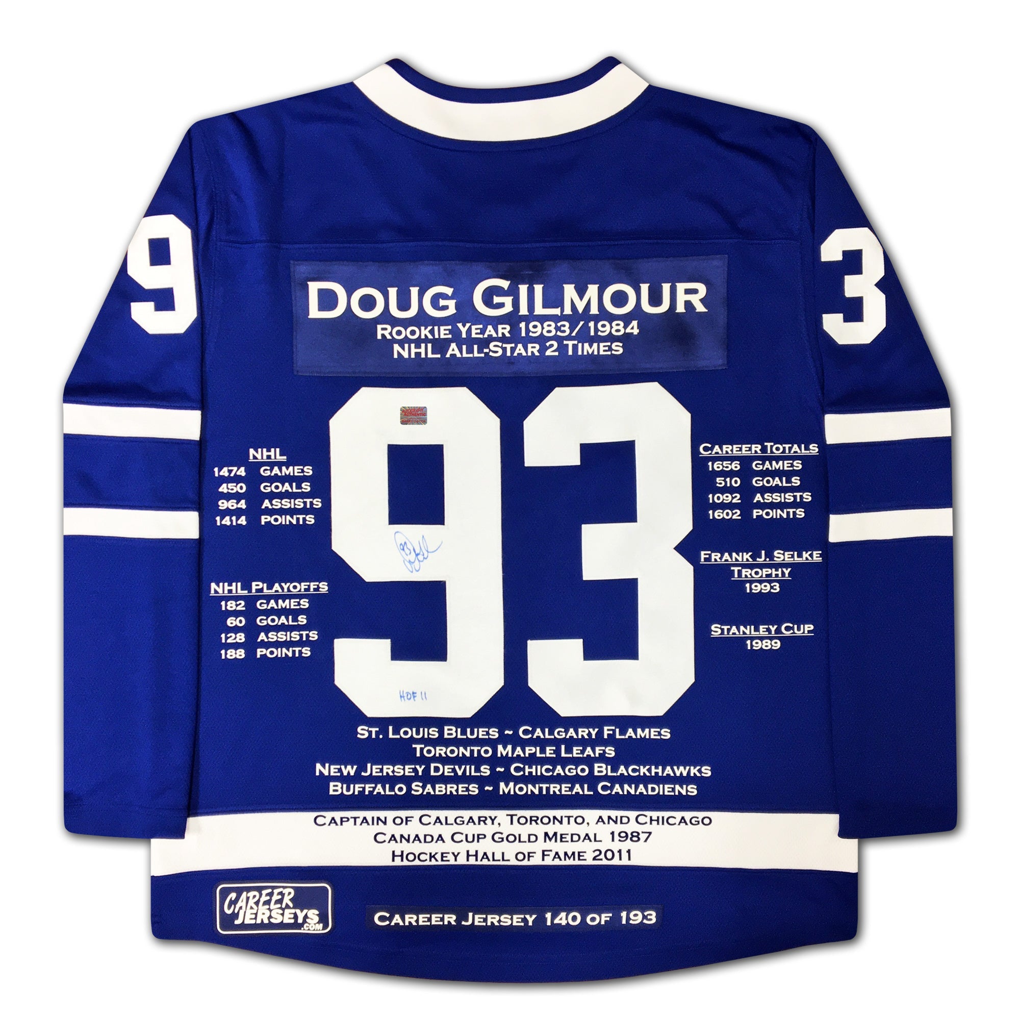 DOUG GILMOUR CAREER JERSEY SIGNED LTD ED 193 - TORONTO MAPLE LEAFS