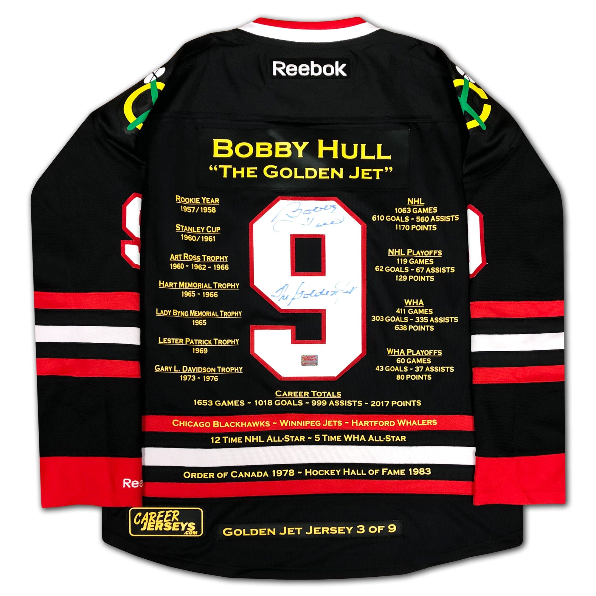 BOBBY HULL SIGNED BLACK CAREER JERSEY GOLDEN JET LTD ED /9 - CHICAGO BLACKHAWKS