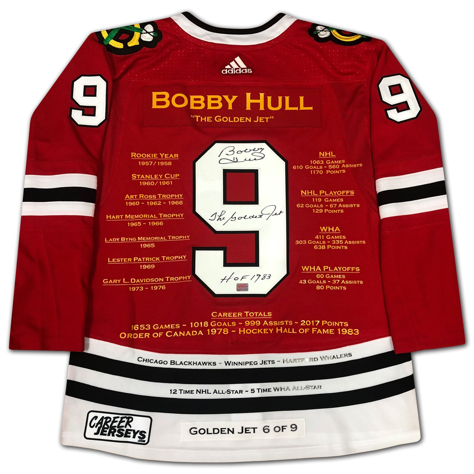 BOBBY HULL SIGNED RED CAREER JERSEY GOLDEN JET LTD ED  /9 - CHICAGO BLACKHAWKS