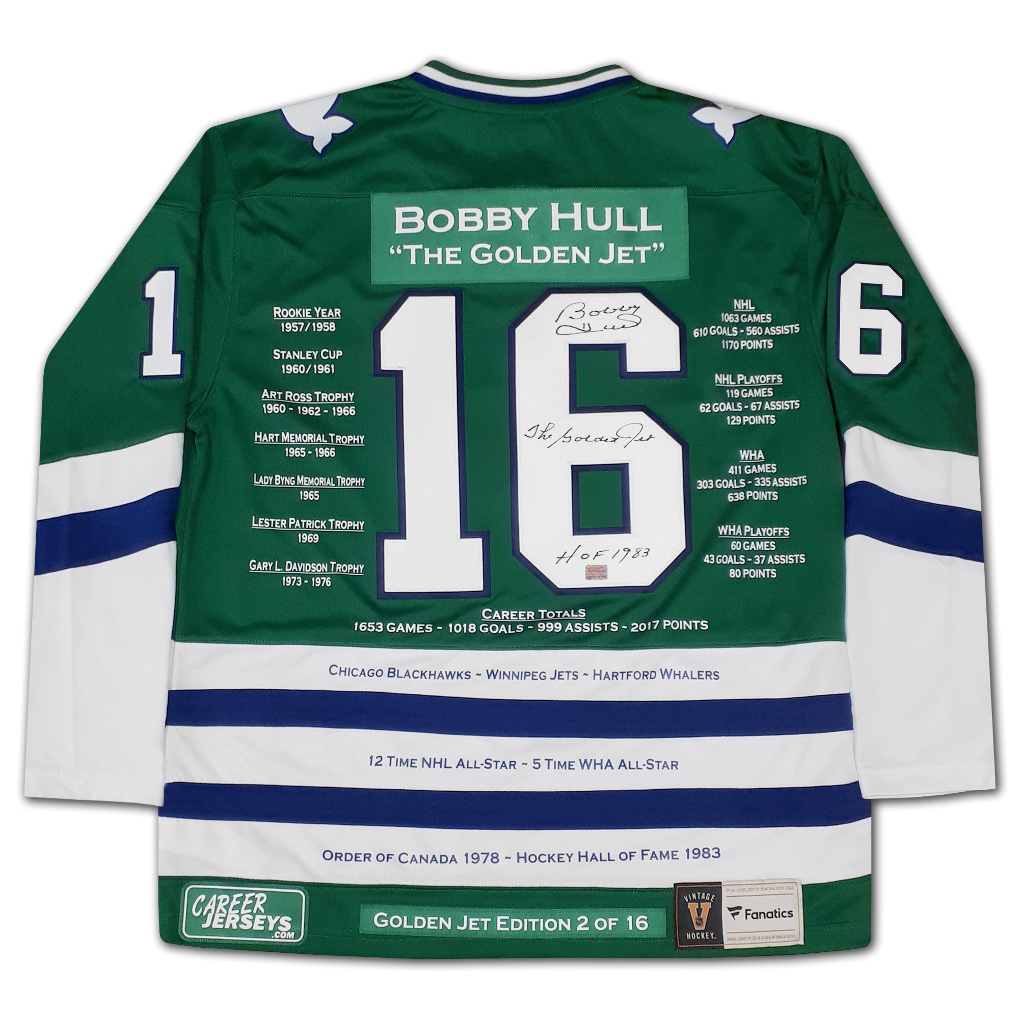 BOBBY HULL CAREER JERSEY SIGNED HARTFORD WHALERS GREEN LTD ED /16