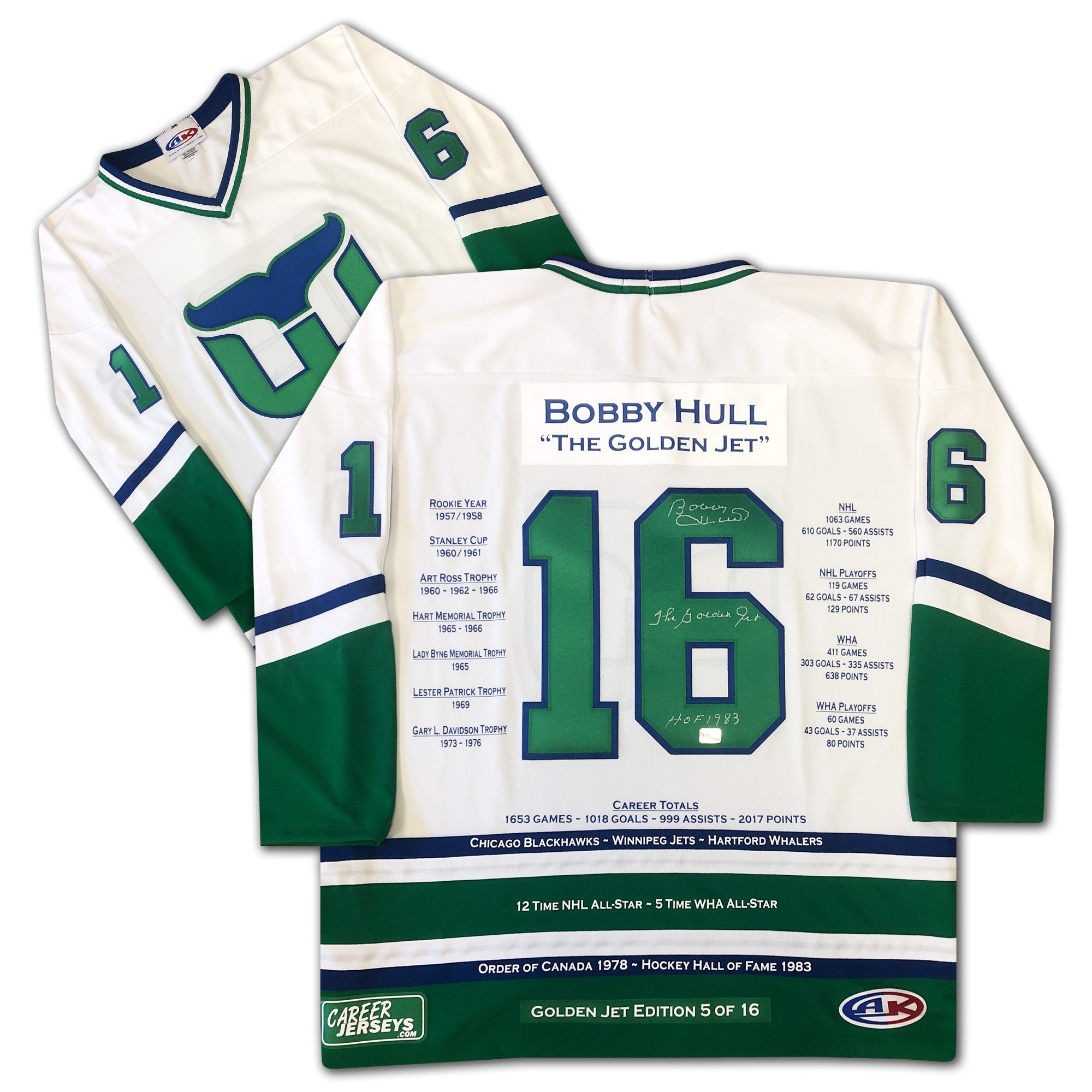 BOBBY HULL CAREER JERSEY SIGNED HARTFORD WHALERS WHITE LTD ED /16