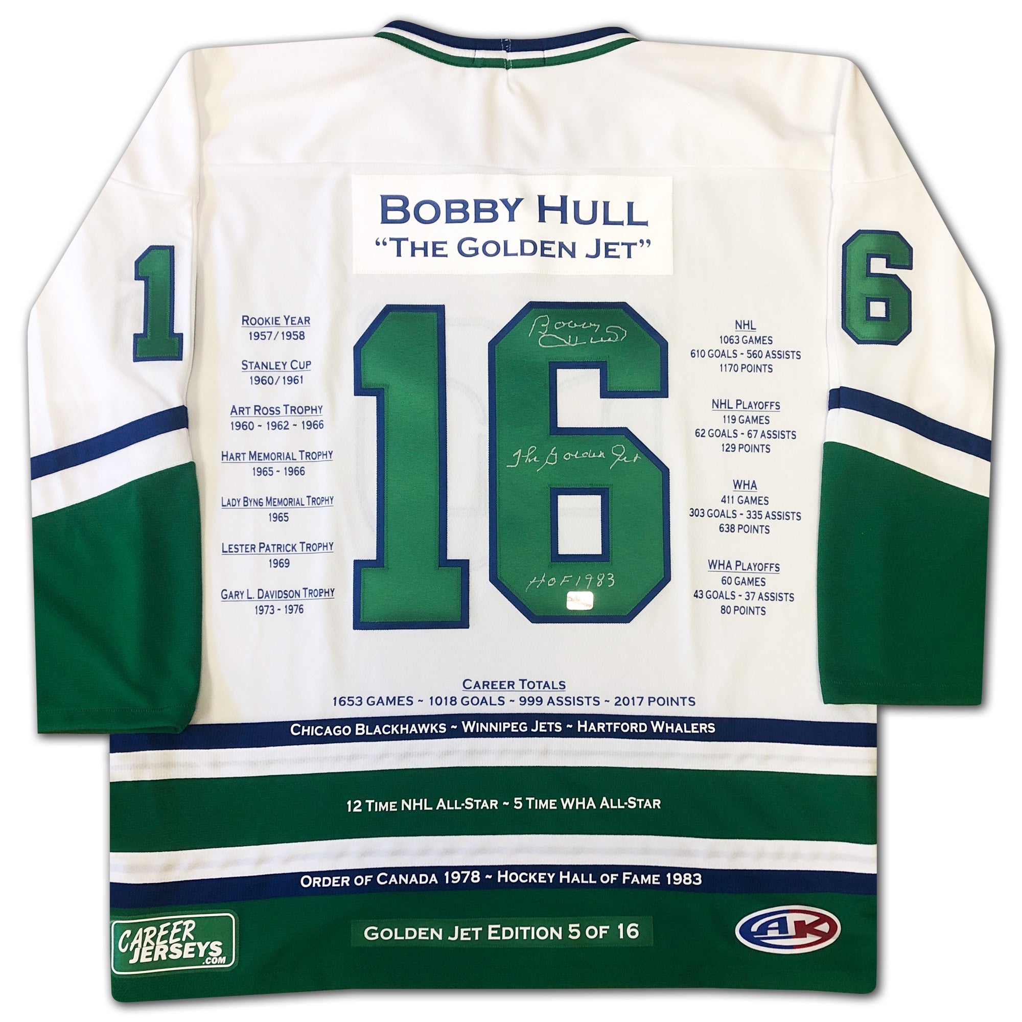 BOBBY HULL CAREER JERSEY SIGNED HARTFORD WHALERS WHITE LTD ED /16