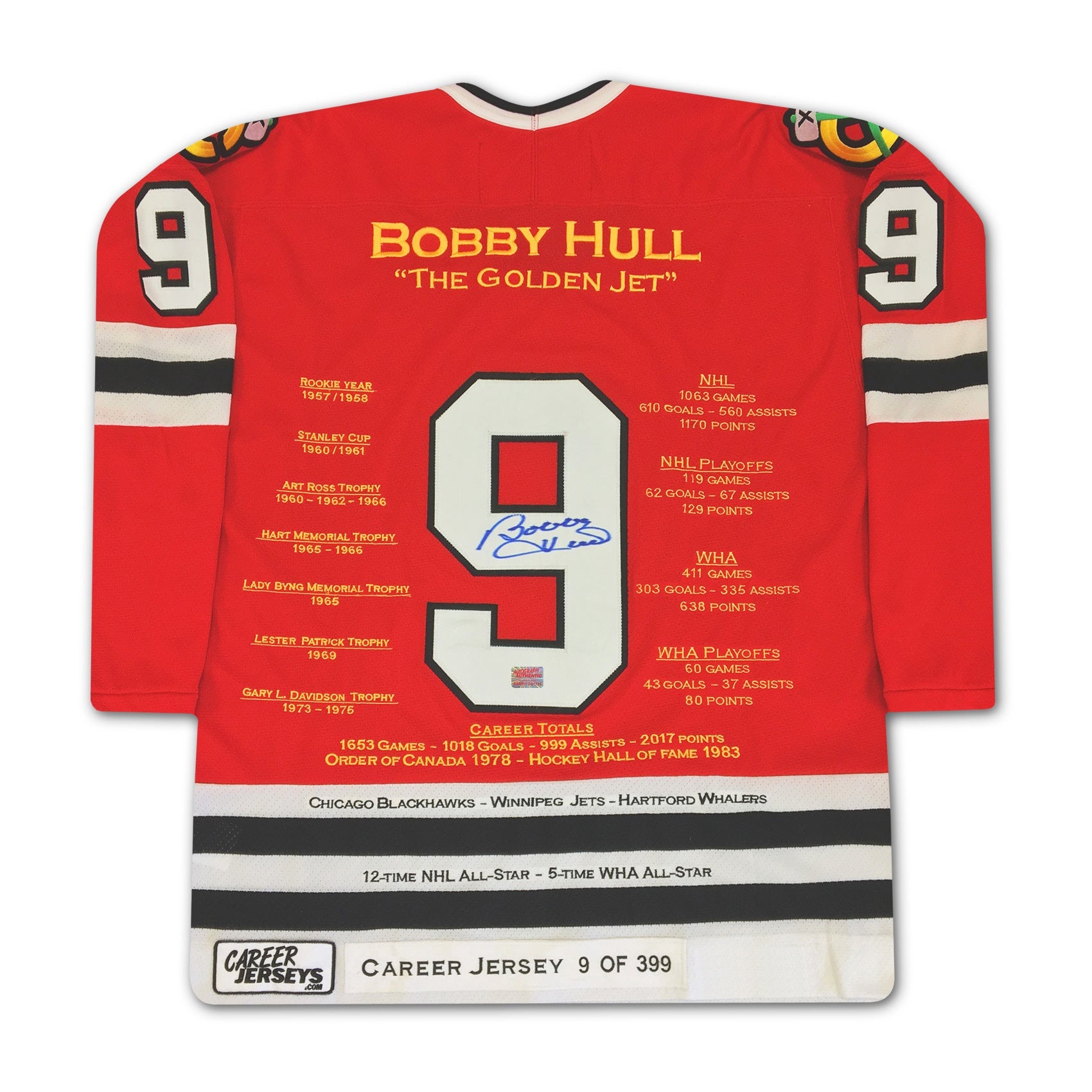 BOBBY HULL RED CAREER JERSEY #9 OF 399  - AUTOGRAPHED - CHICAGO BLACKHAWKS