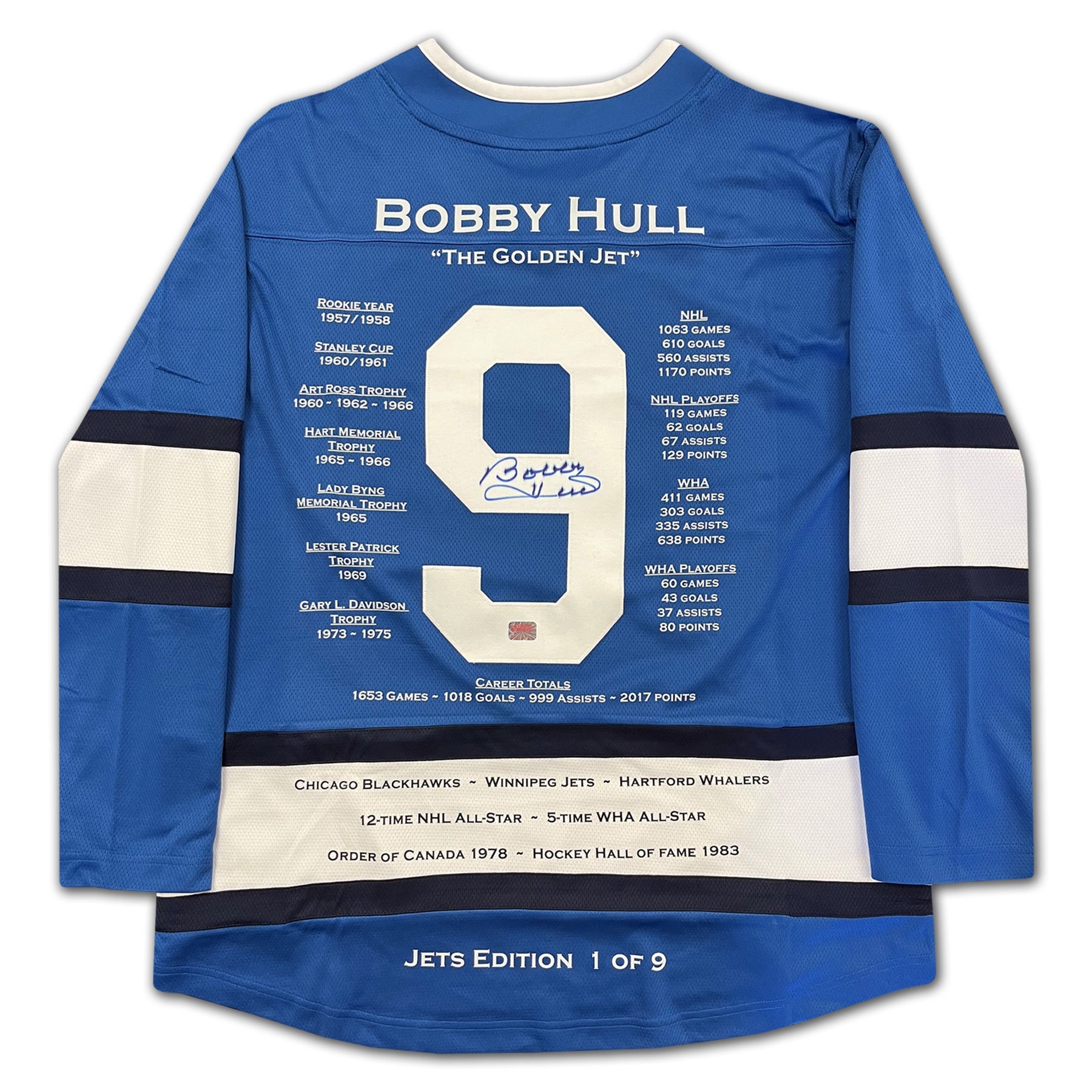 BOBBY HULL CAREER JERSEY WINNIPEG JETS EDITION #1 OF 9 - AUTOGRAPHED ALTERNATE