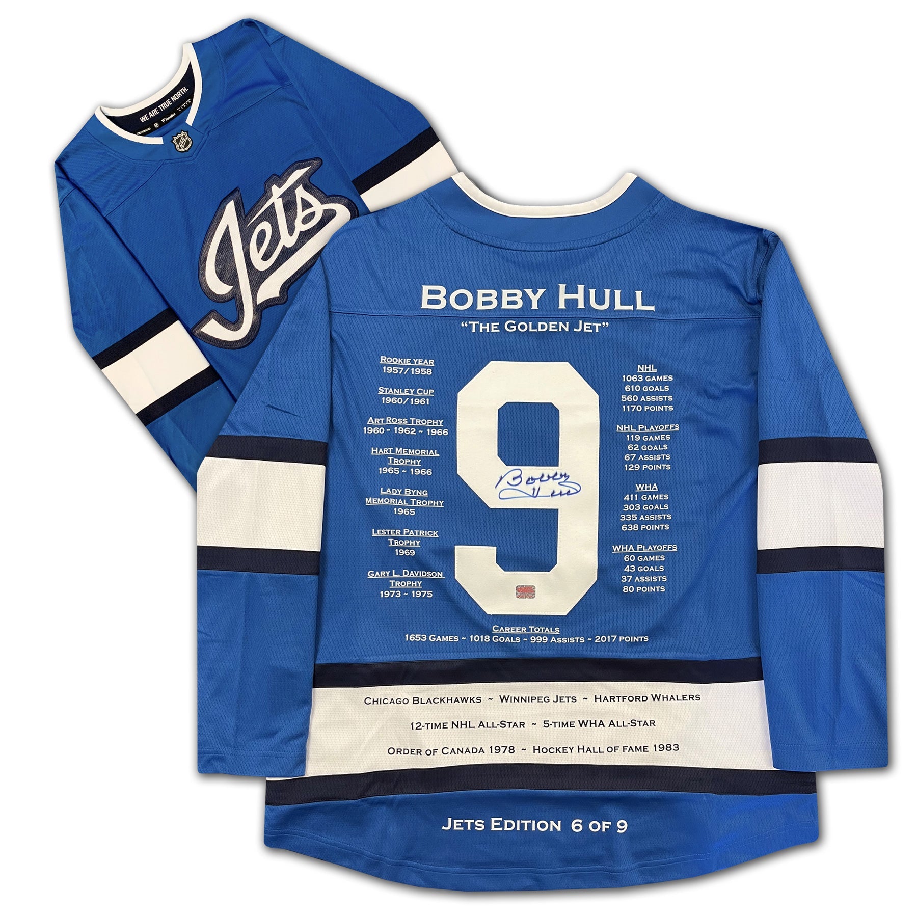 BOBBY HULL SIGNED CAREER JERSEY WINNIPEG JETS EDITION OF 9