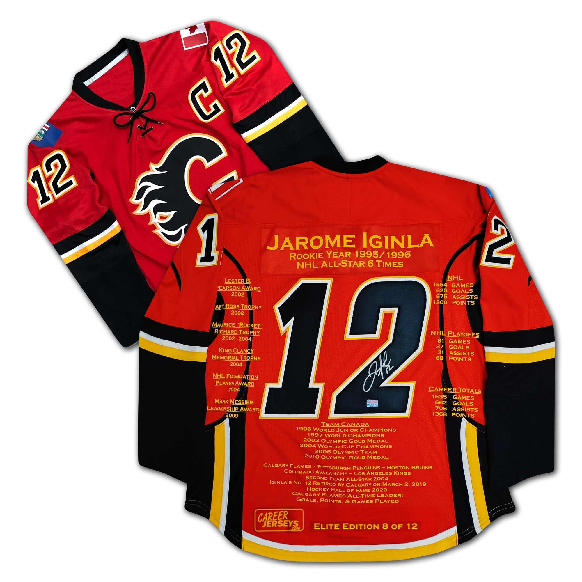 JAROME IGINLA SIGNED CAREER JERSEY ELITE EDITION OF 12 CALGARY FLAMES