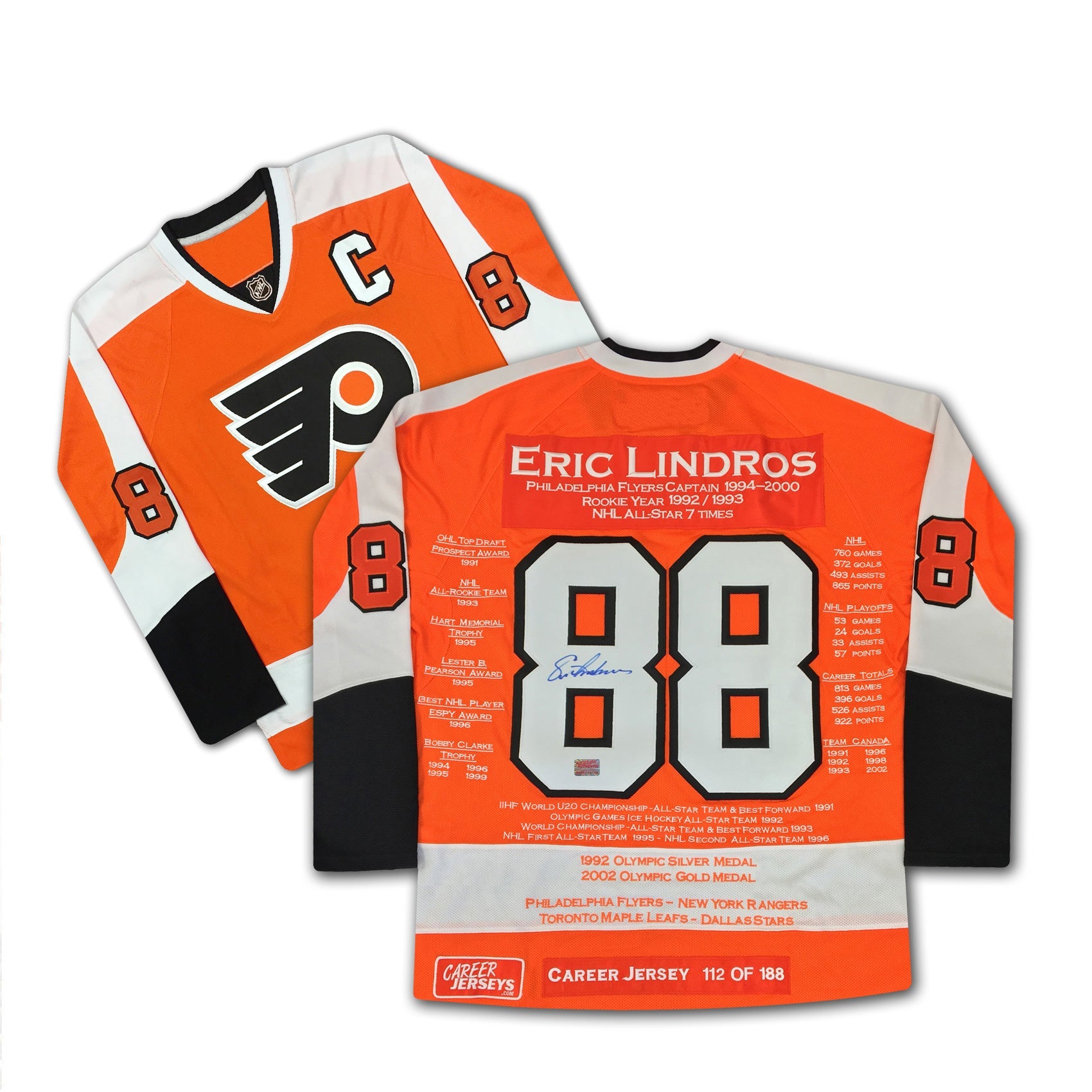 ERIC LINDROS CAREER JERSEY SIGNED LTD ED 188 - PHILADELPHIA FLYERS