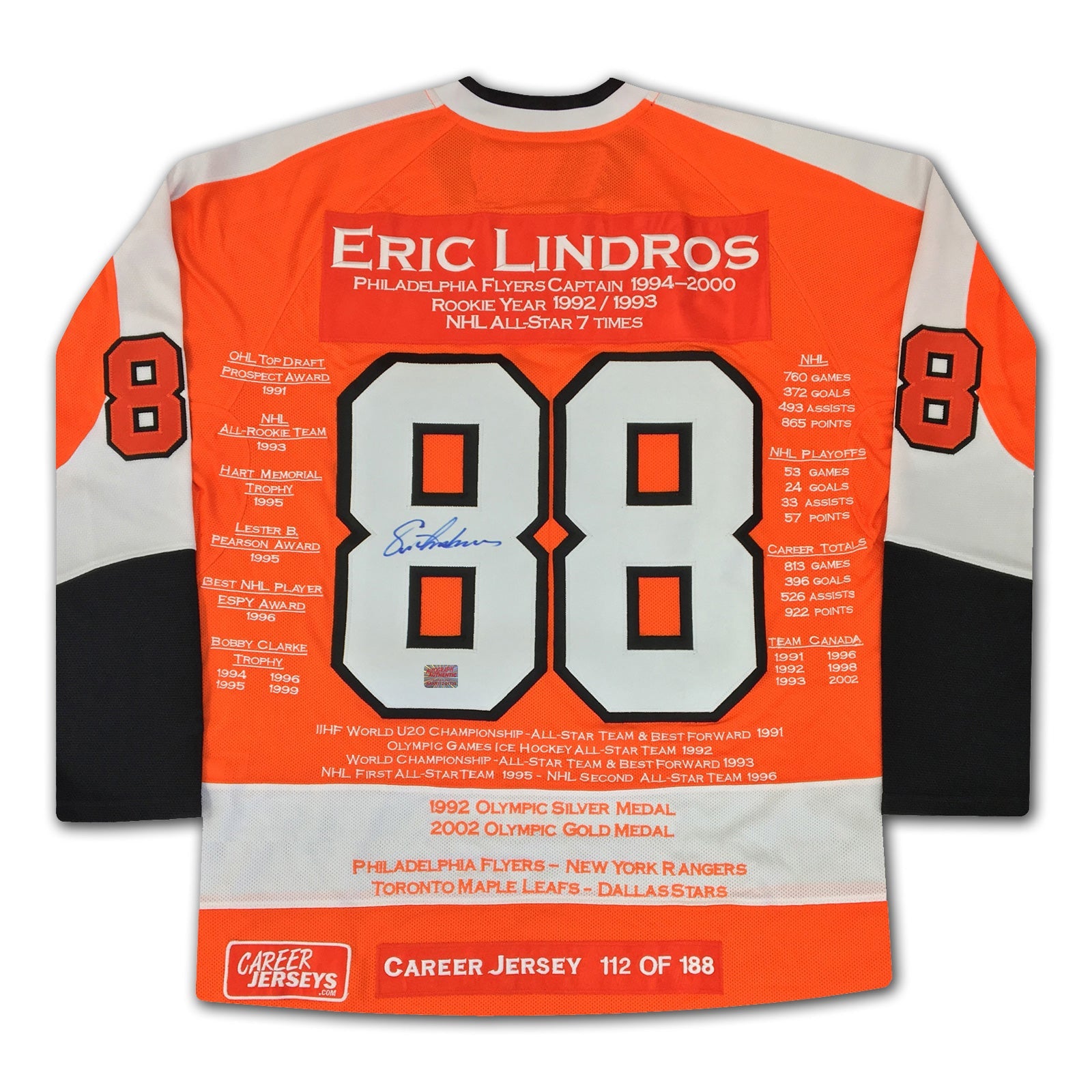 ERIC LINDROS CAREER JERSEY SIGNED LTD ED 188 - PHILADELPHIA FLYERS