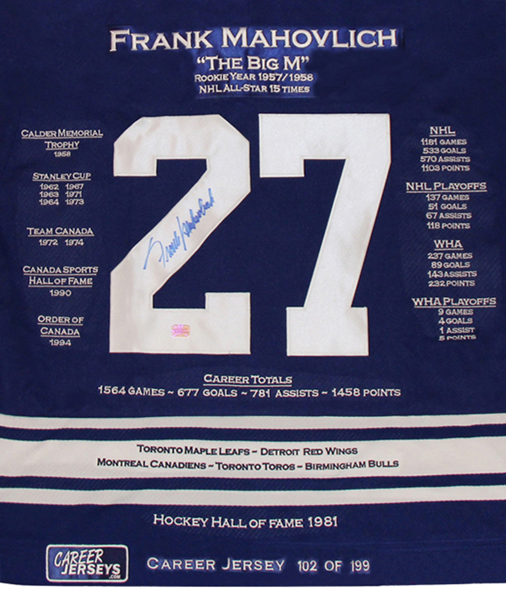 FRANK MAHOVLICH CAREER JERSEY SIGNEDLTD ED 199 - TORONTO MAPLE LEAFS