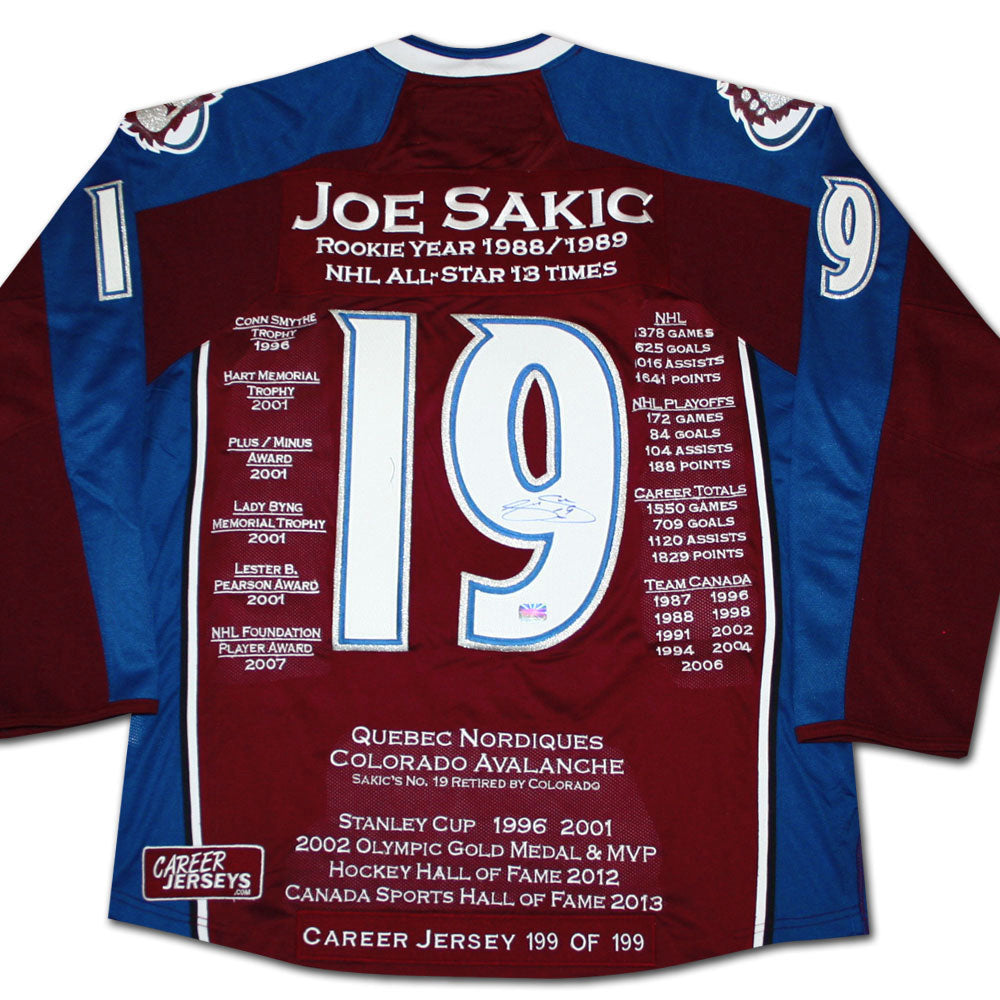 JOE SAKIC CAREER JERSEY #199 OF 199 - AUTOGRAPHED - COLORADO AVALANCHE