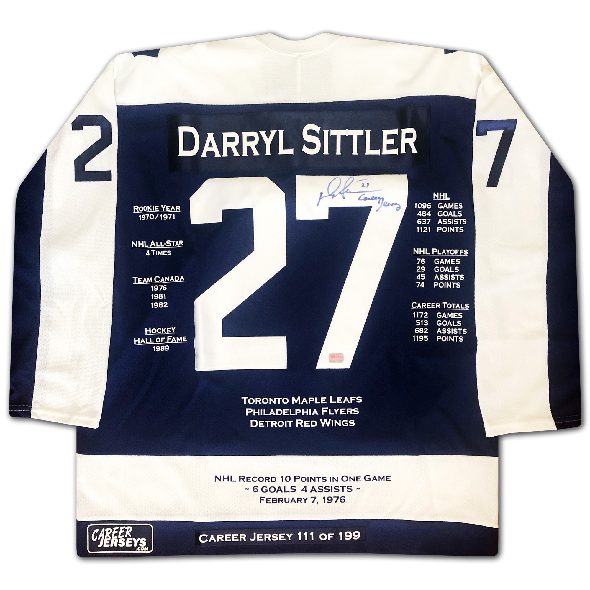 DARRYL SITTLER CAREER JERSEY SIGNED - LTD ED 199 - TORONTO MAPLE LEAFS