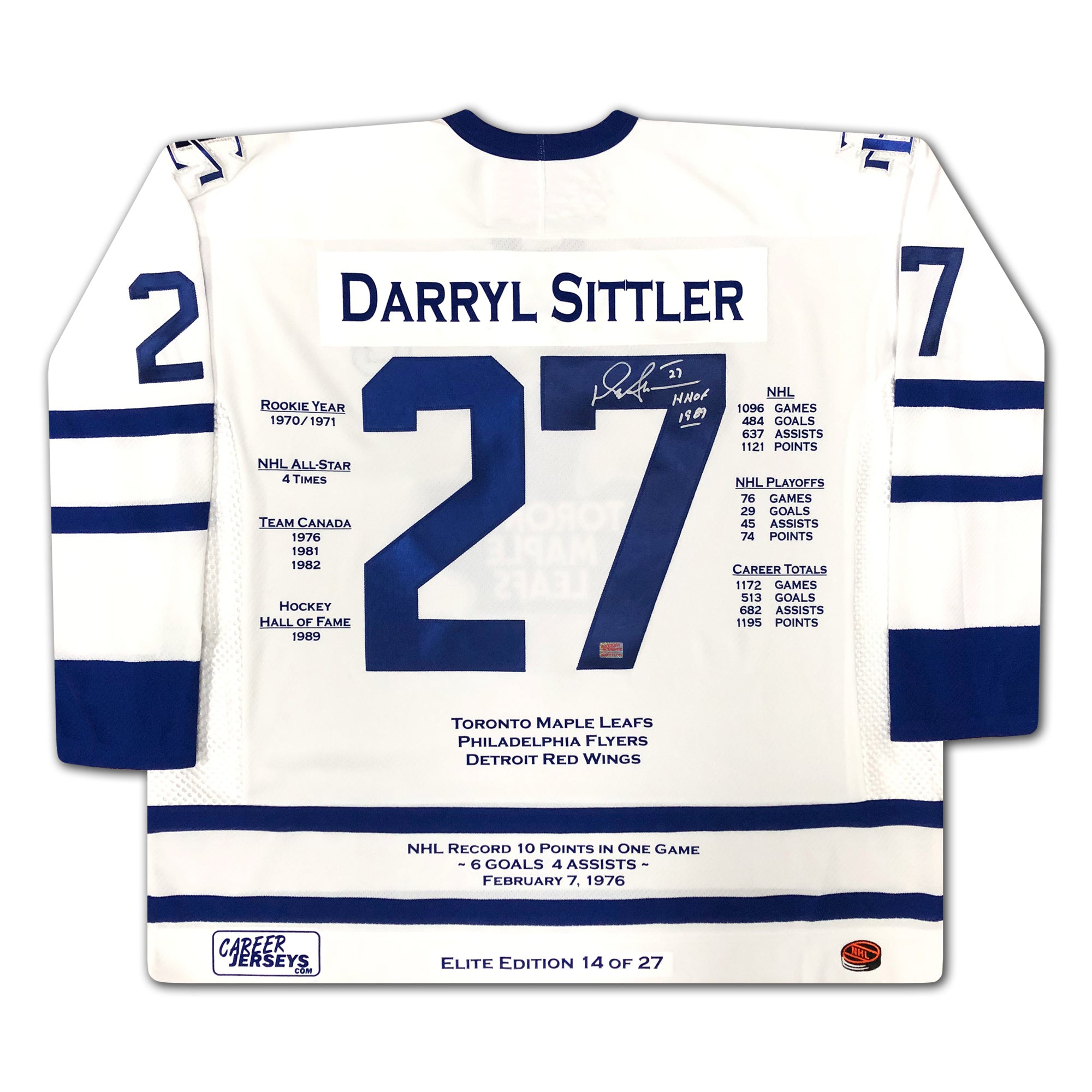 DARRYL SITTLER SIGNED ELITE EDITION CAREER JERSEY - LTD ED /27 - MAPLE LEAFS