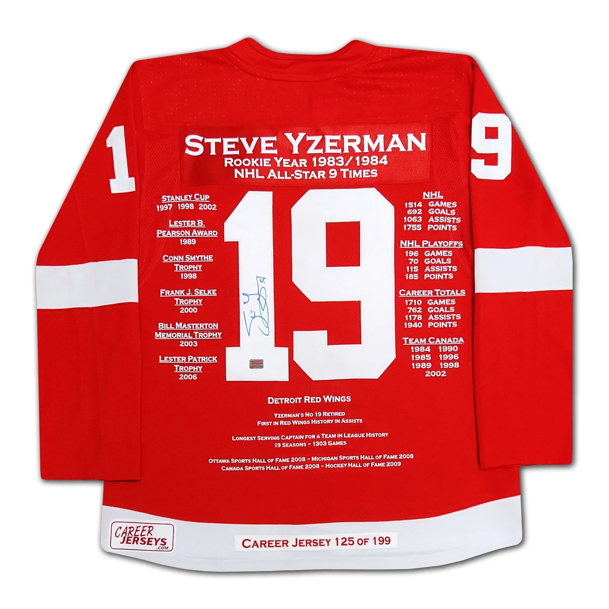 STEVE YZERMAN CAREER JERSEY SIGNED - LTD ED 199 - DETROIT RED WINGS