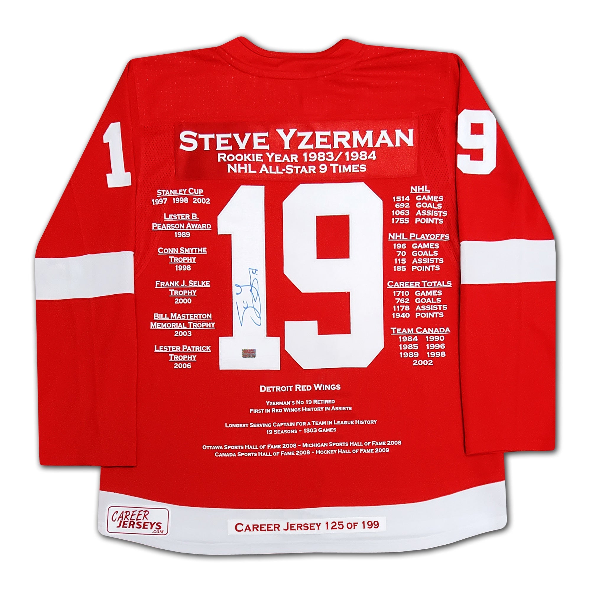 STEVE YZERMAN CAREER JERSEY SIGNED - LTD ED 199 - DETROIT RED WINGS