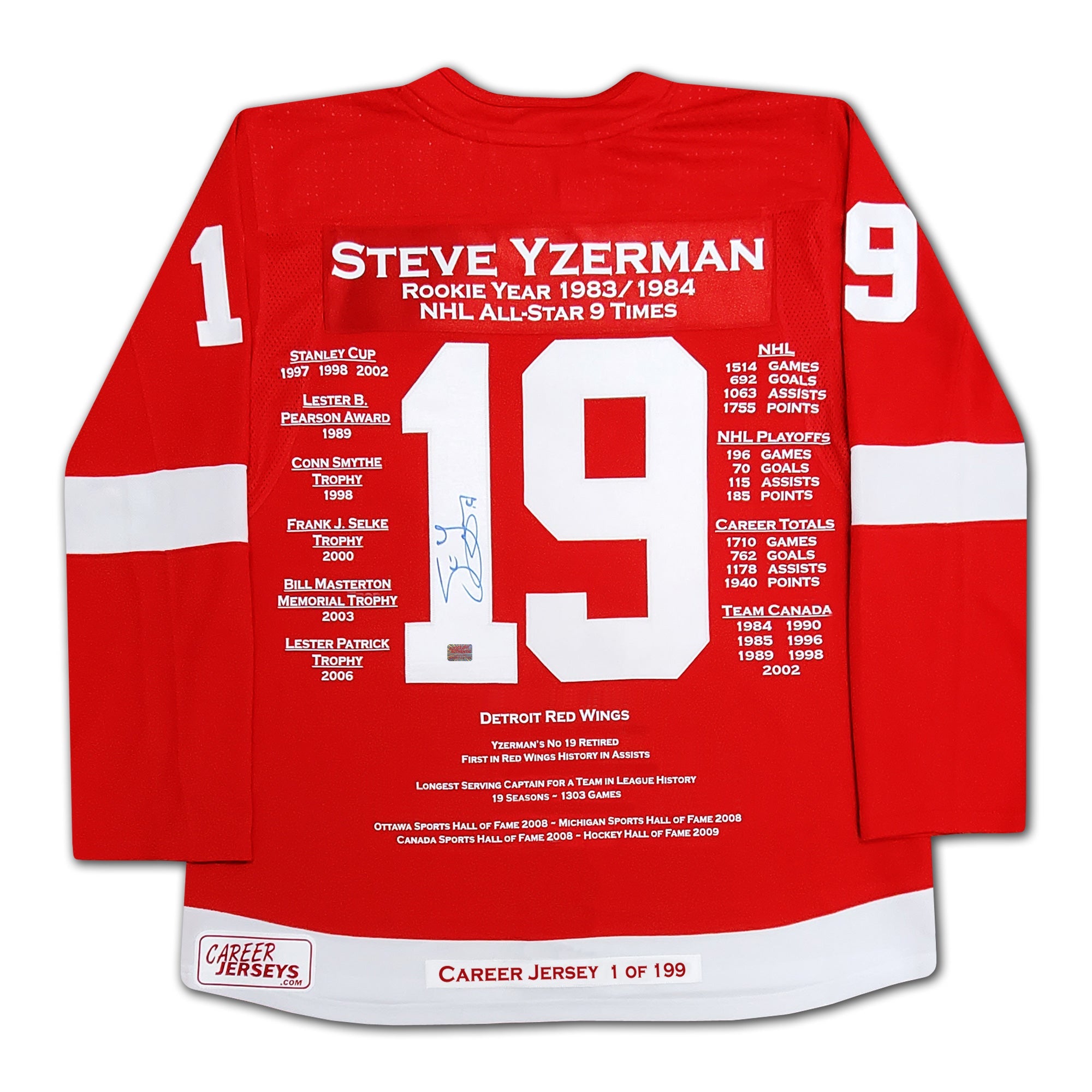 STEVE YZERMAN CAREER JERSEY #1 OF 199 - AUTOGRAPHED - DETROIT RED WINGS