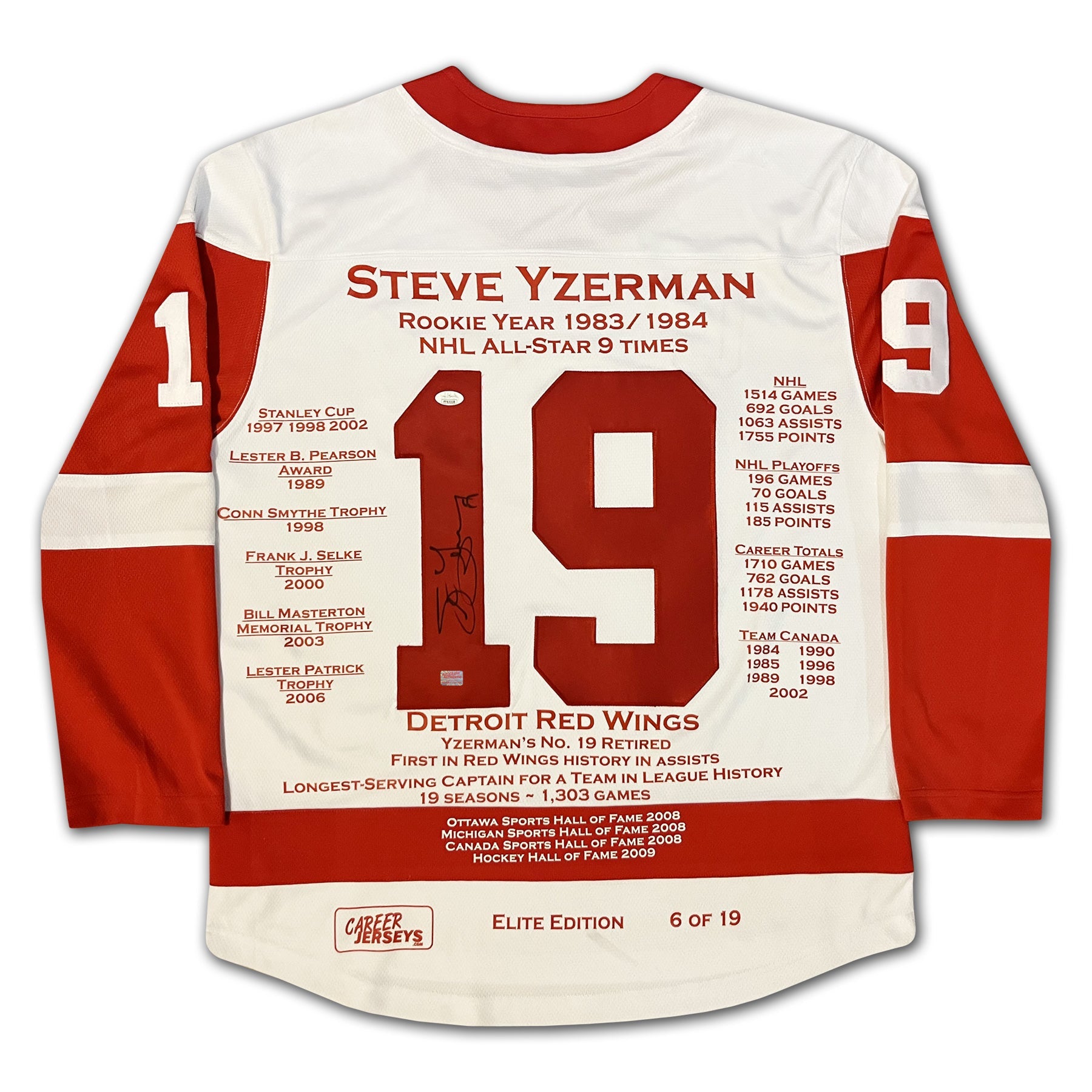 STEVE YZERMAN CAREER JERSEY DETROIT WHITE ELITE EDITION OF 19 - SIGNED