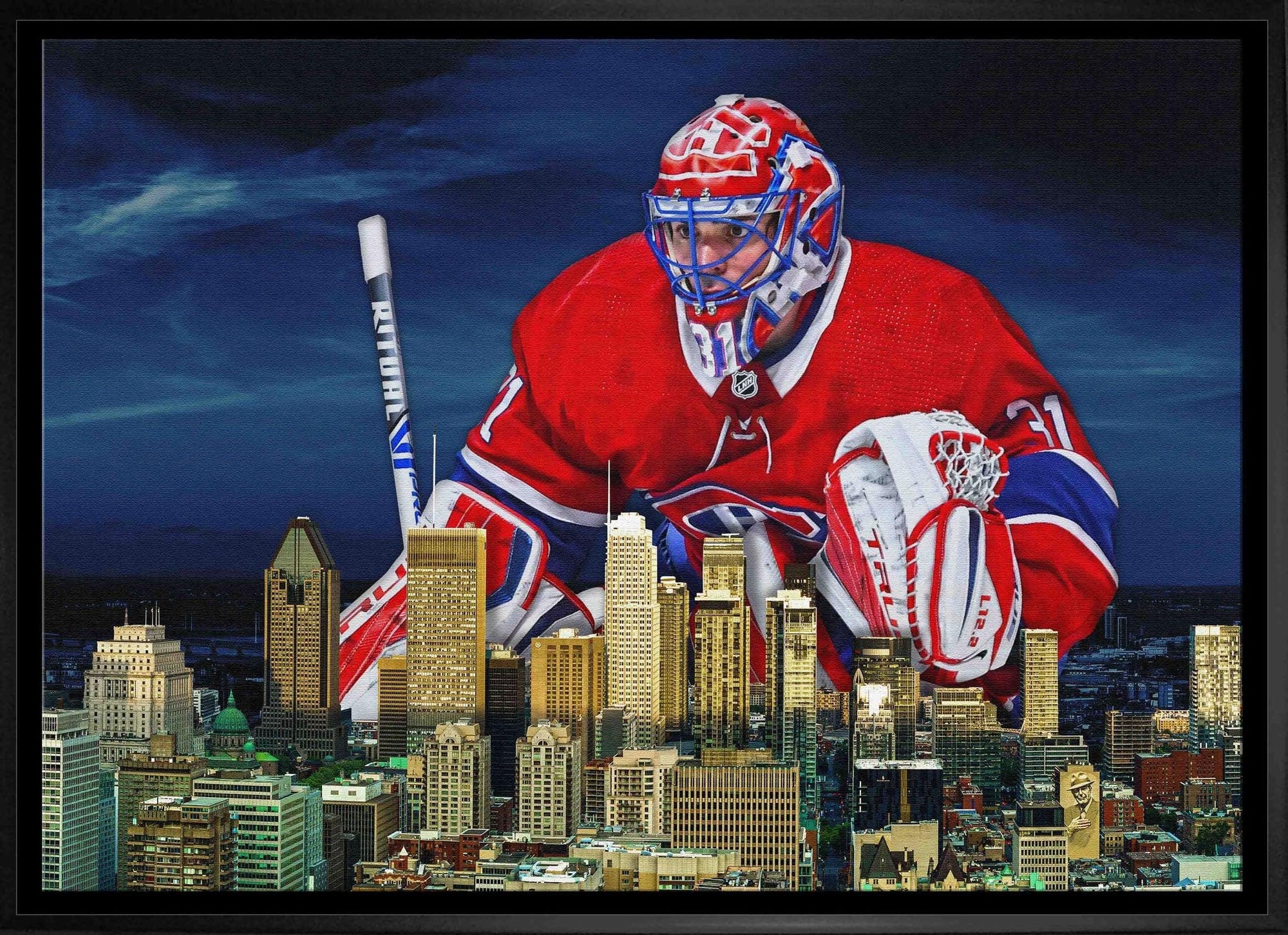 Hockey goalie in red jersey over Montreal city skyline at night, sports art