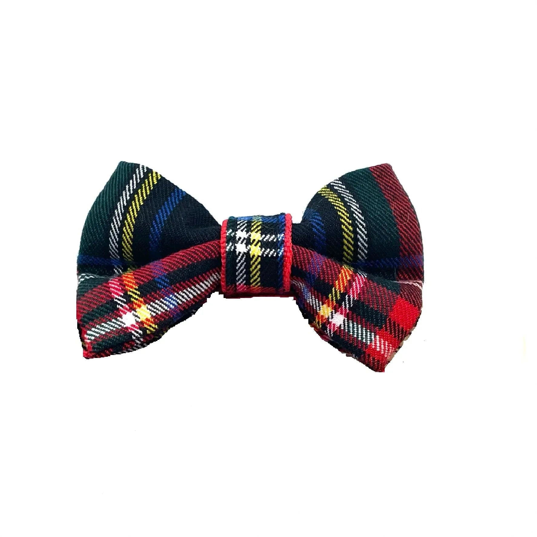 Plaid tartan bow tie with red, green, blue, and yellow stripes on white background