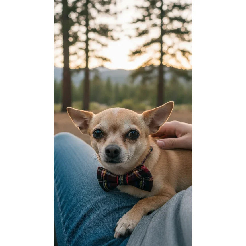 Small chihuahua with plaid bow tie on person's lap outdoors at sunset in pine forest