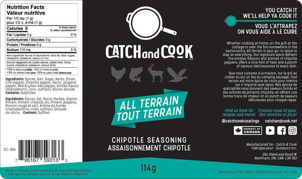 Catch and Cook All Terrain chipotle seasoning label with animal icons and nutrition facts, 114g