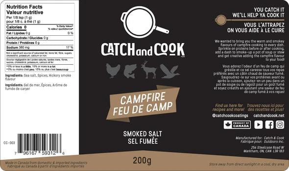 Catch and Cook Campfire smoked salt label, 200g, with animal icons and bilingual text.